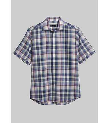 Men s Jos. A. Bank Tailored Fit Linen Blend Short Sleeve Casual Shirt Clearance at Jos. A. Bank Navy Burgundy Size Small