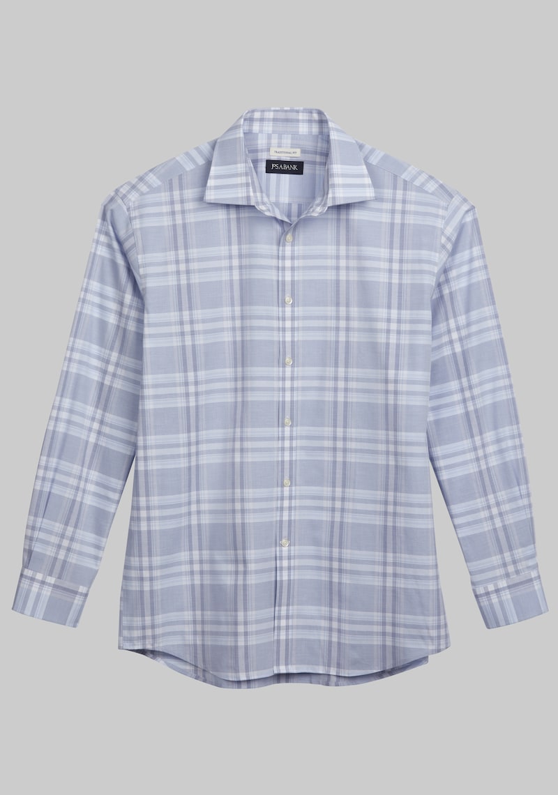 JoS. A. Bank Men's Traditional Fit Spread Collar Large Plaid Casual Shirt, Blue, X Large