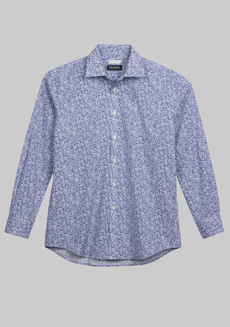 JoS. A. Bank Big & Tall Men's Tailored Fit Spread Collar Floral Casual Shirt , Navy/White, XX Large