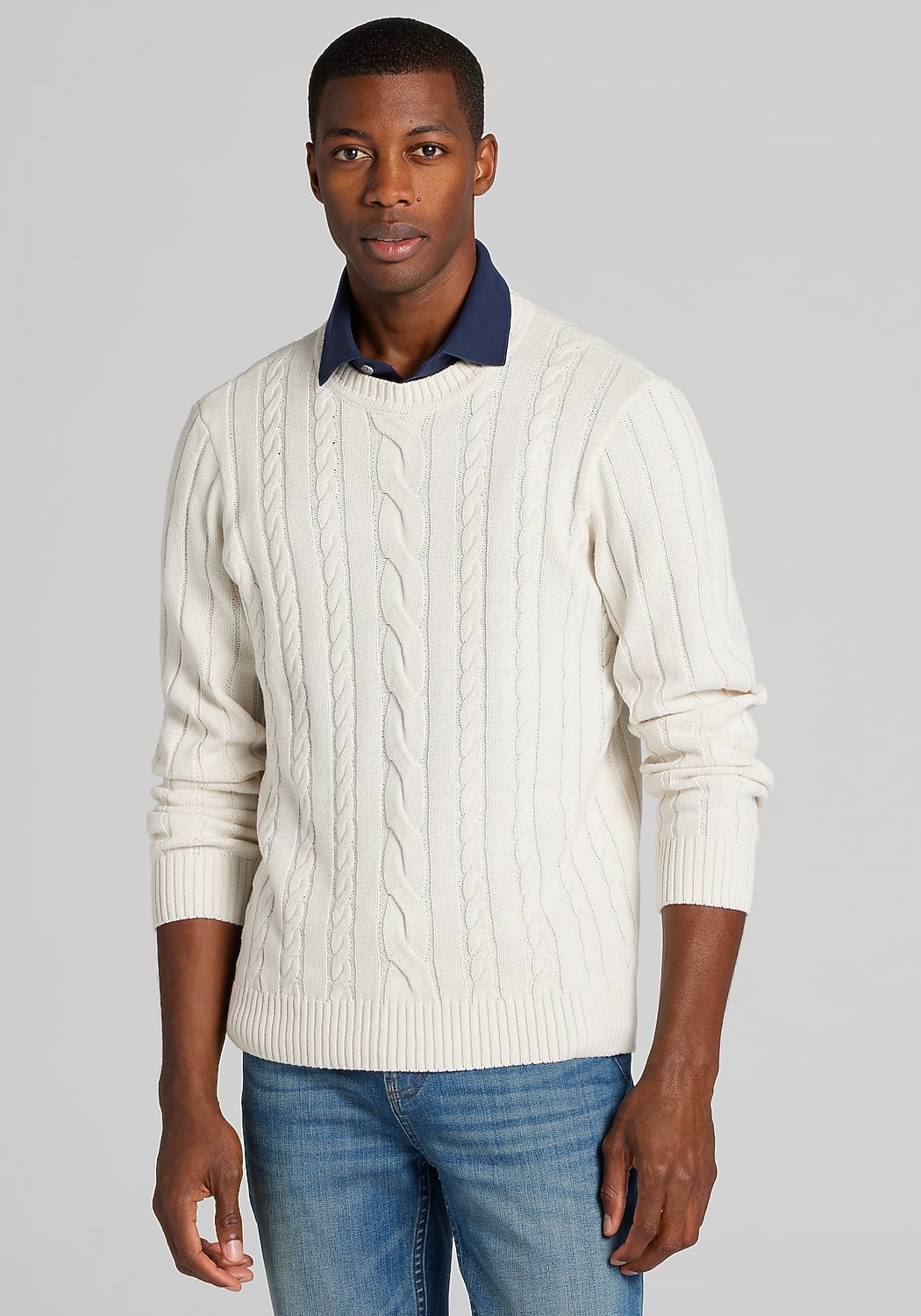 1905 Collection Tailored Fit Cable Knit Crew Neck Sweater