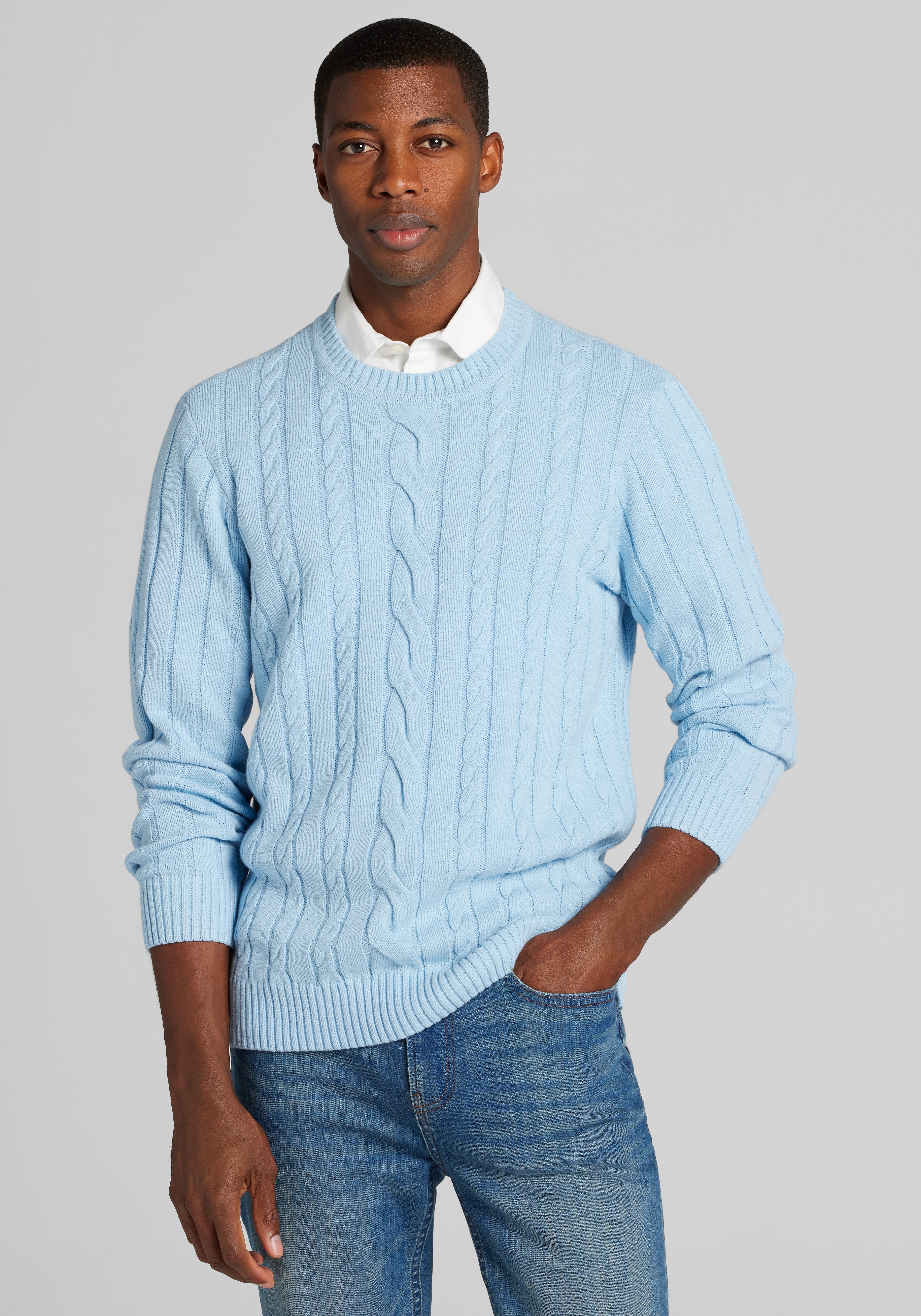 Men's Sweaters, 1905 Collection Tailored Fit Cable Knit Crew Neck Sweater - Jos A Bank