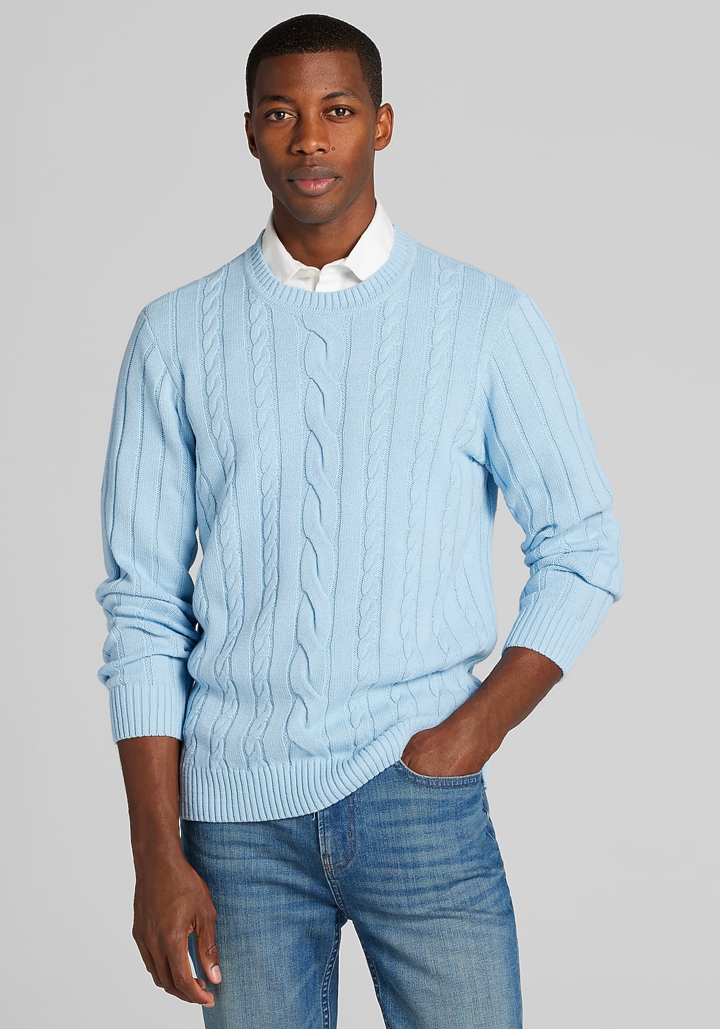 1905 Collection Tailored Fit Cable Knit Crew Neck Sweater