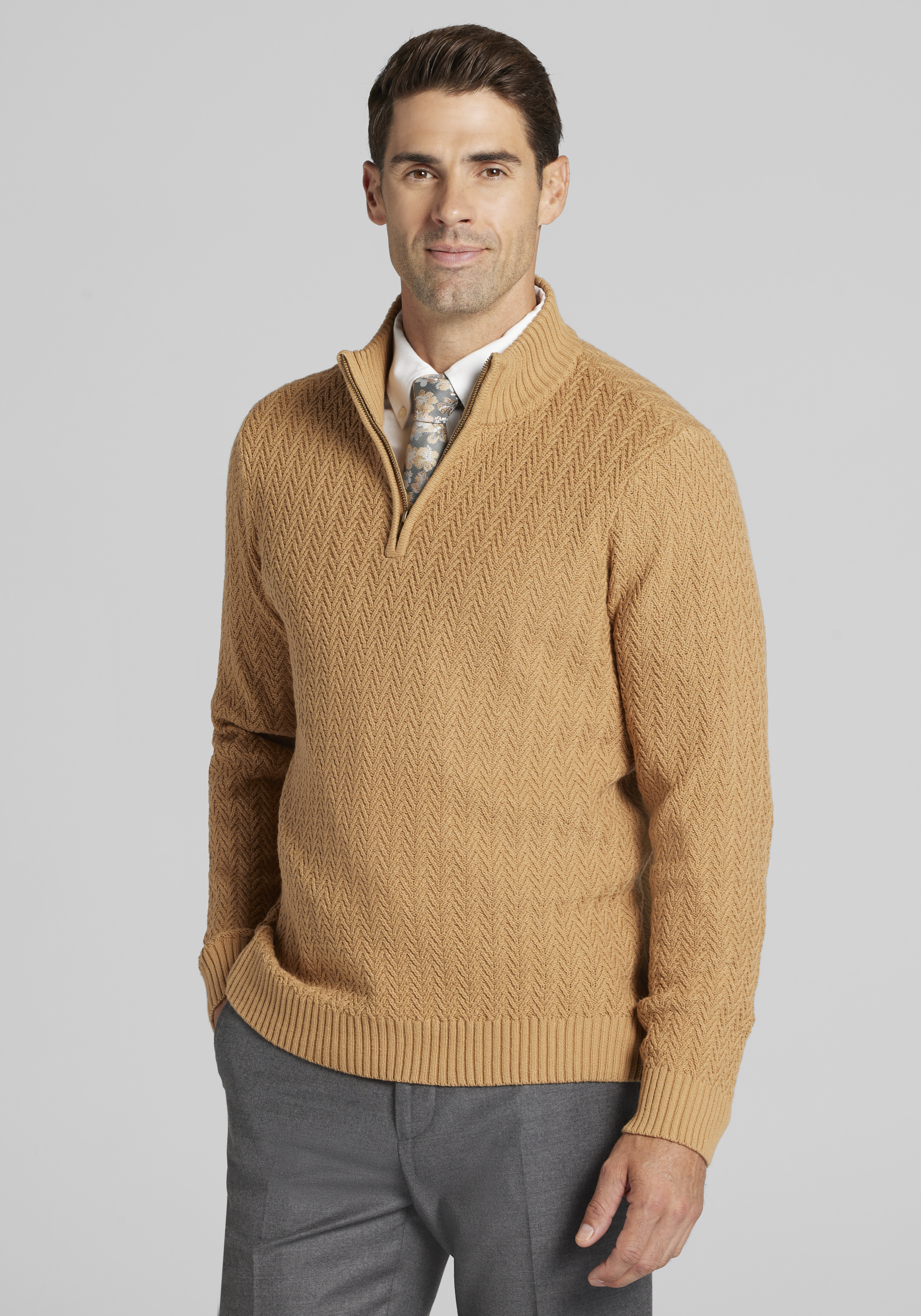Men's Sweaters, 1905 Collection Tailored Fit Textured 1/4 Zip Sweater - Jos A Bank