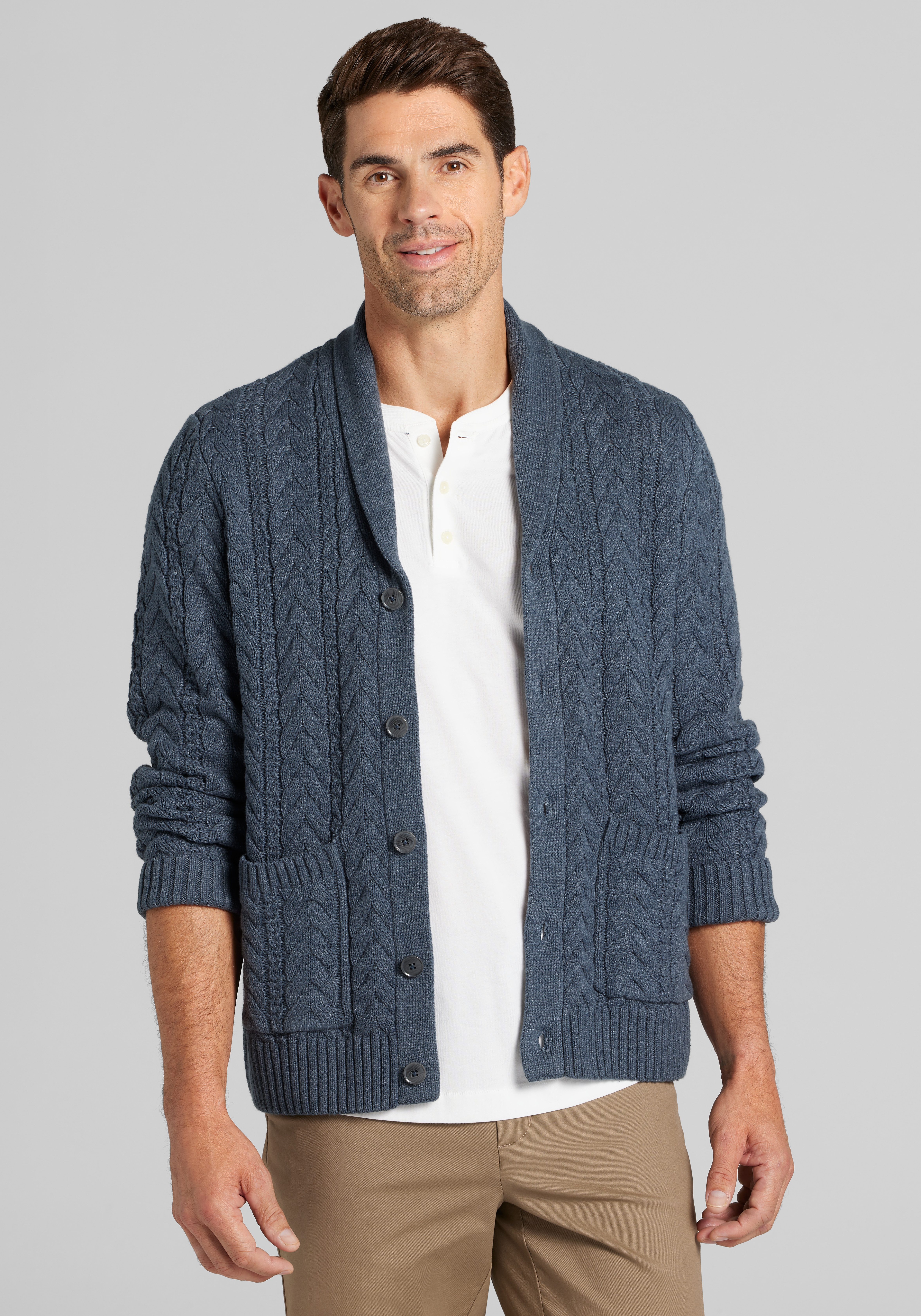 Men's Sweaters, 1905 Collection Tailored Fit Cable Knit Cardigan Sweater - Jos A Bank