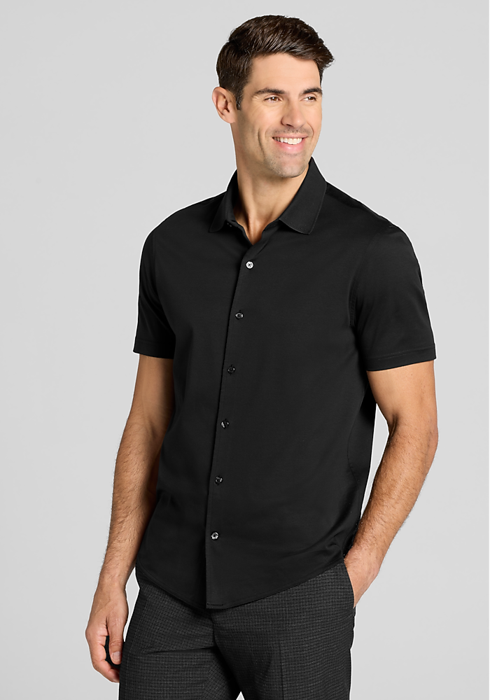Jos. A. Bank Tailored Fit Short Sleeve Button Front Shirt (Jet Black-01)