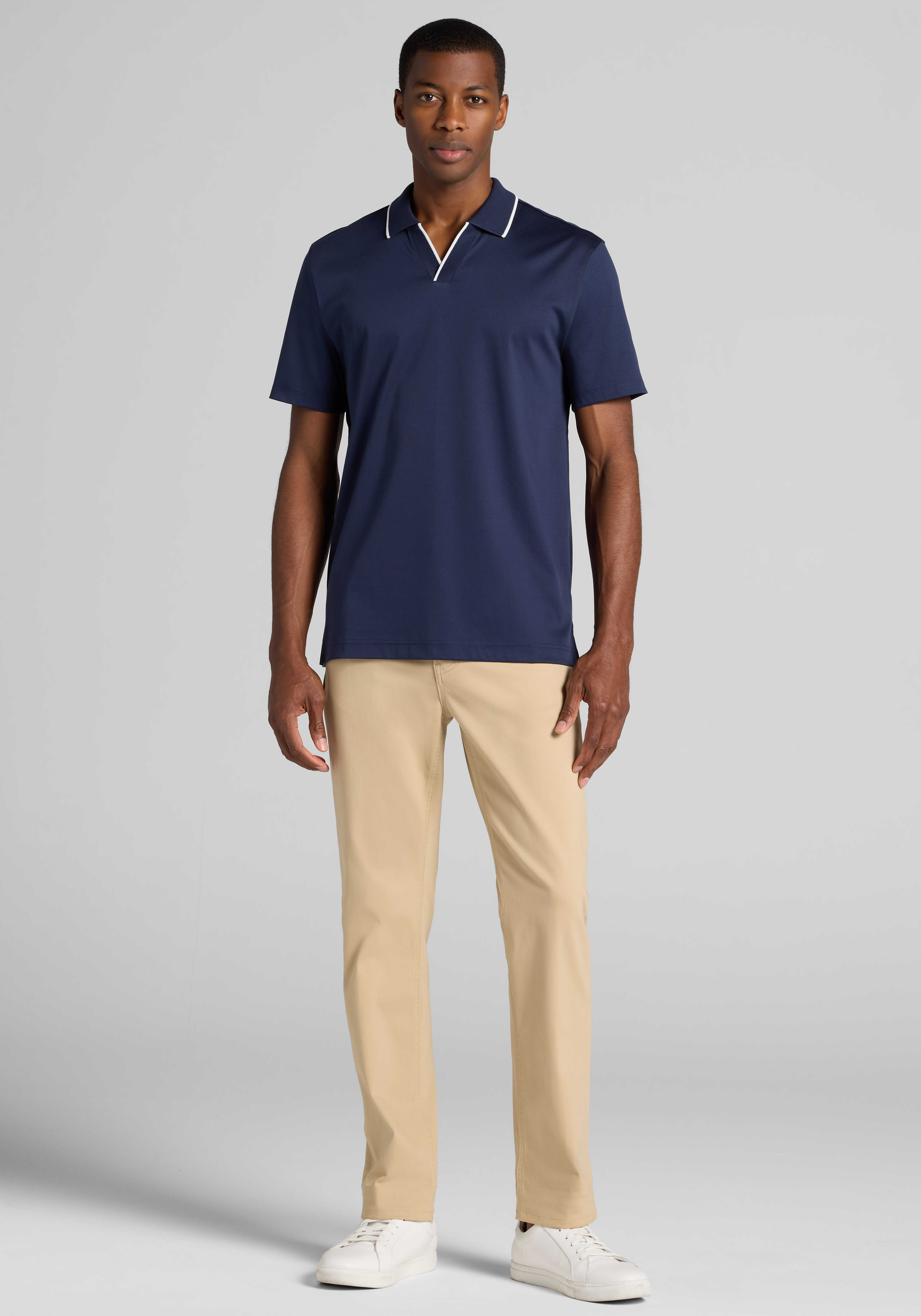 Jos. A. Bank Tailored Fit Short Sleeve Liquid Cotton Interlock Johnny Polo