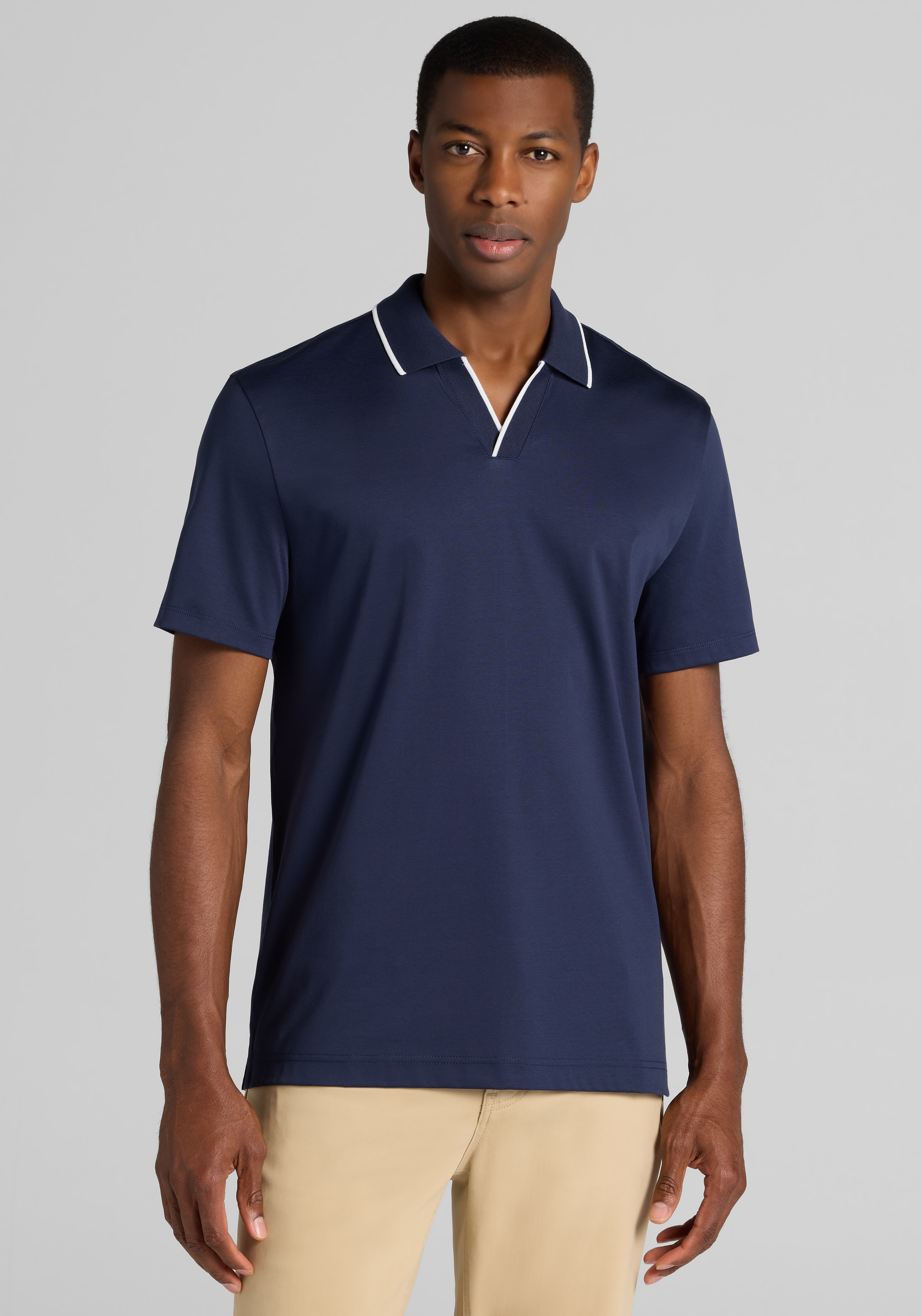 Jos. A. Bank Tailored Fit Short Sleeve Liquid Cotton Interlock Johnny Polo