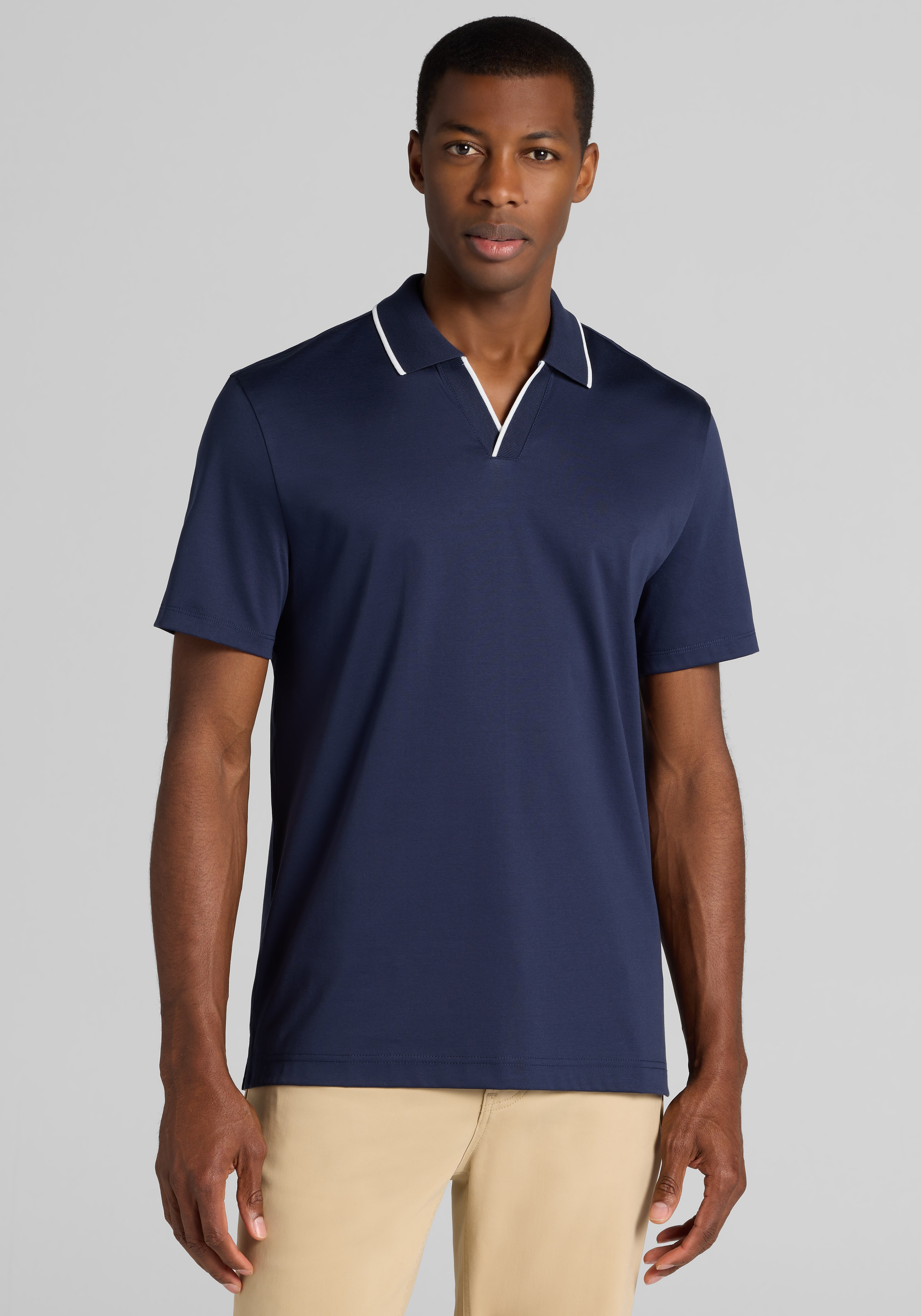 Jos. A. Bank Tailored Fit Short Sleeve Liquid Cotton Interlock Johnny Polo
