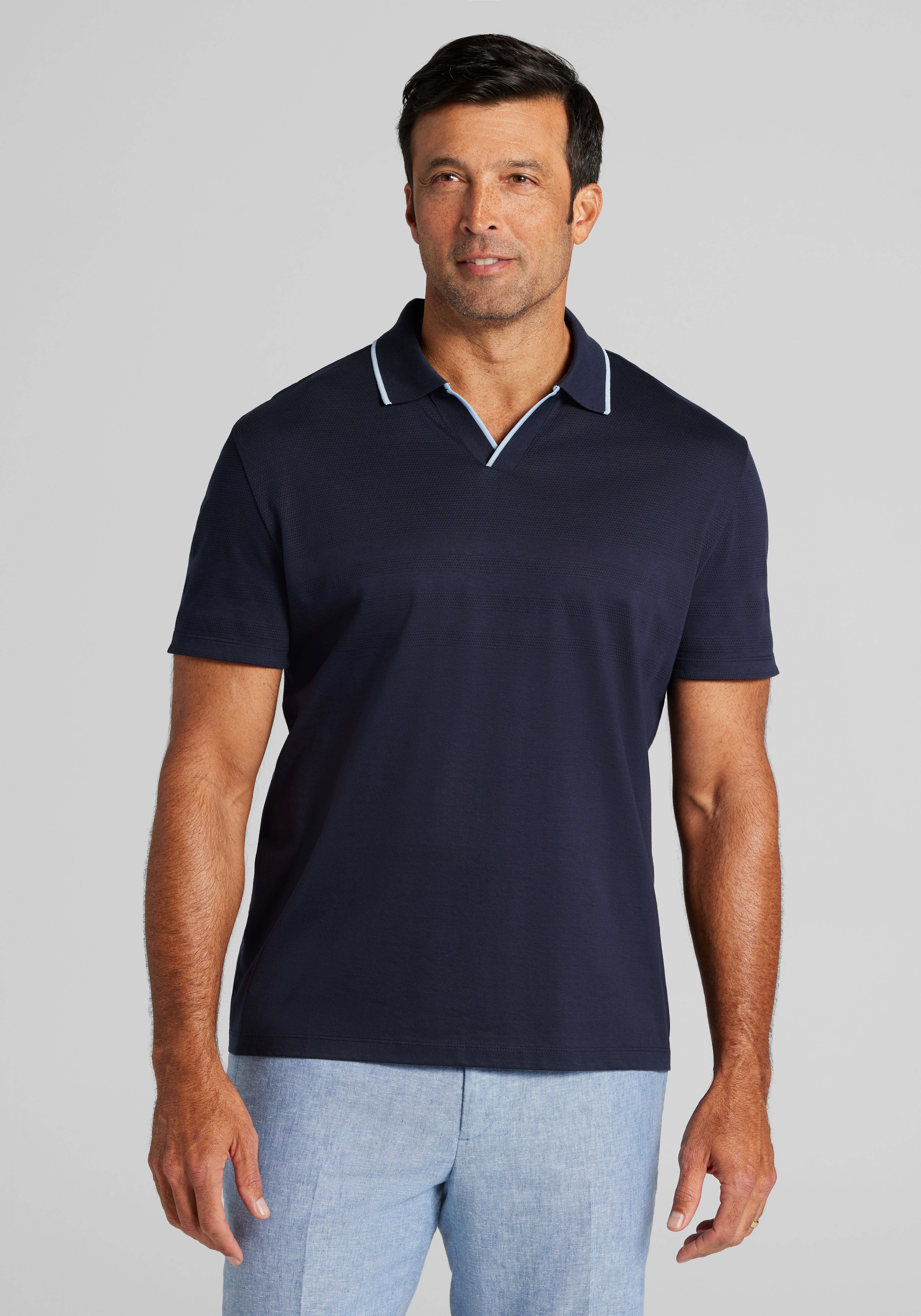 Men's Casual Tops, Jos. A. Bank Tailored Fit Engineered Texture Tipped Johnny Polo Shirt - Jos A Bank