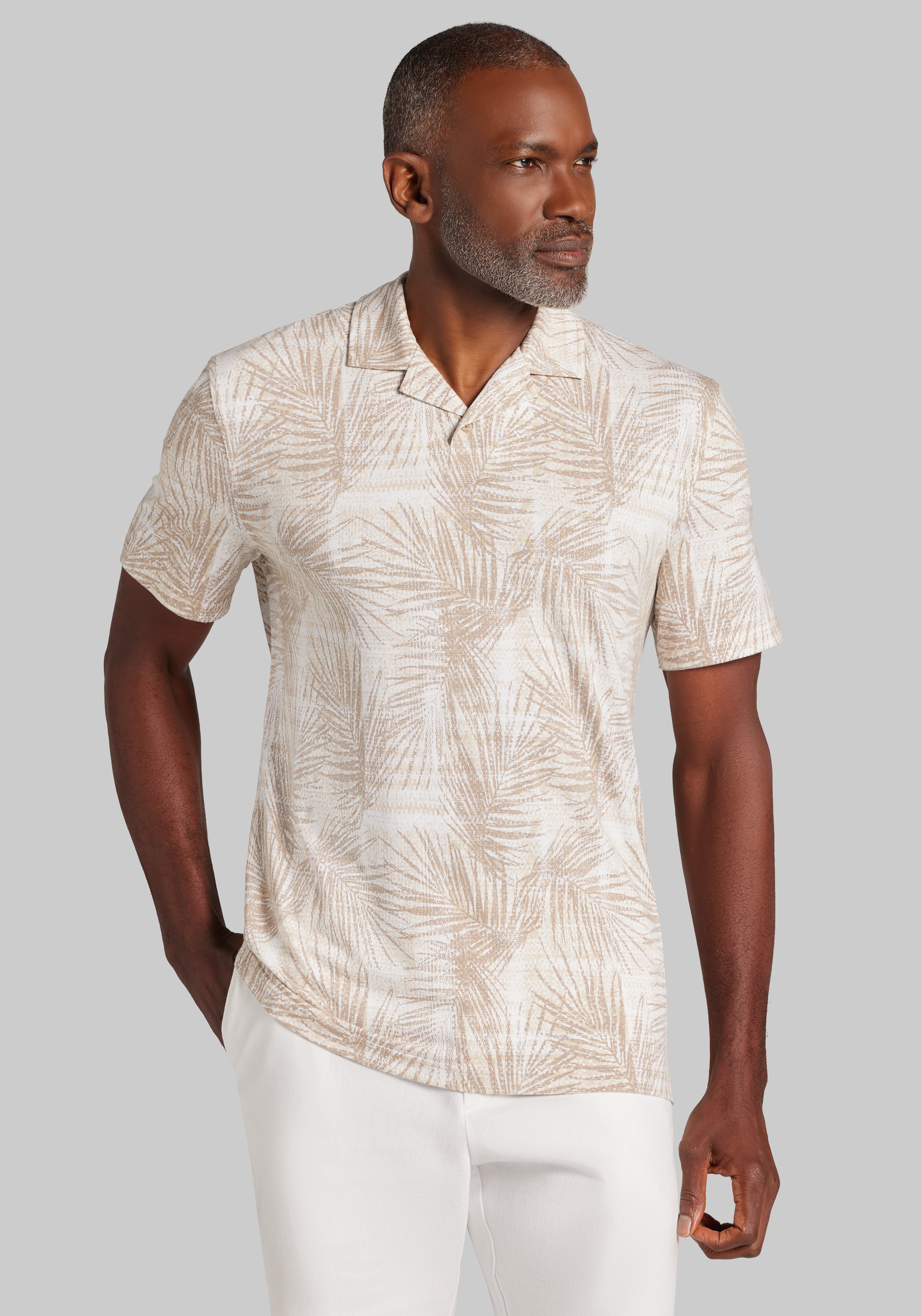 Men's Casual Tops, Jos. A. Bank Tailored Fit Palm Print Short Sleeve Camp Polo - Jos A Bank