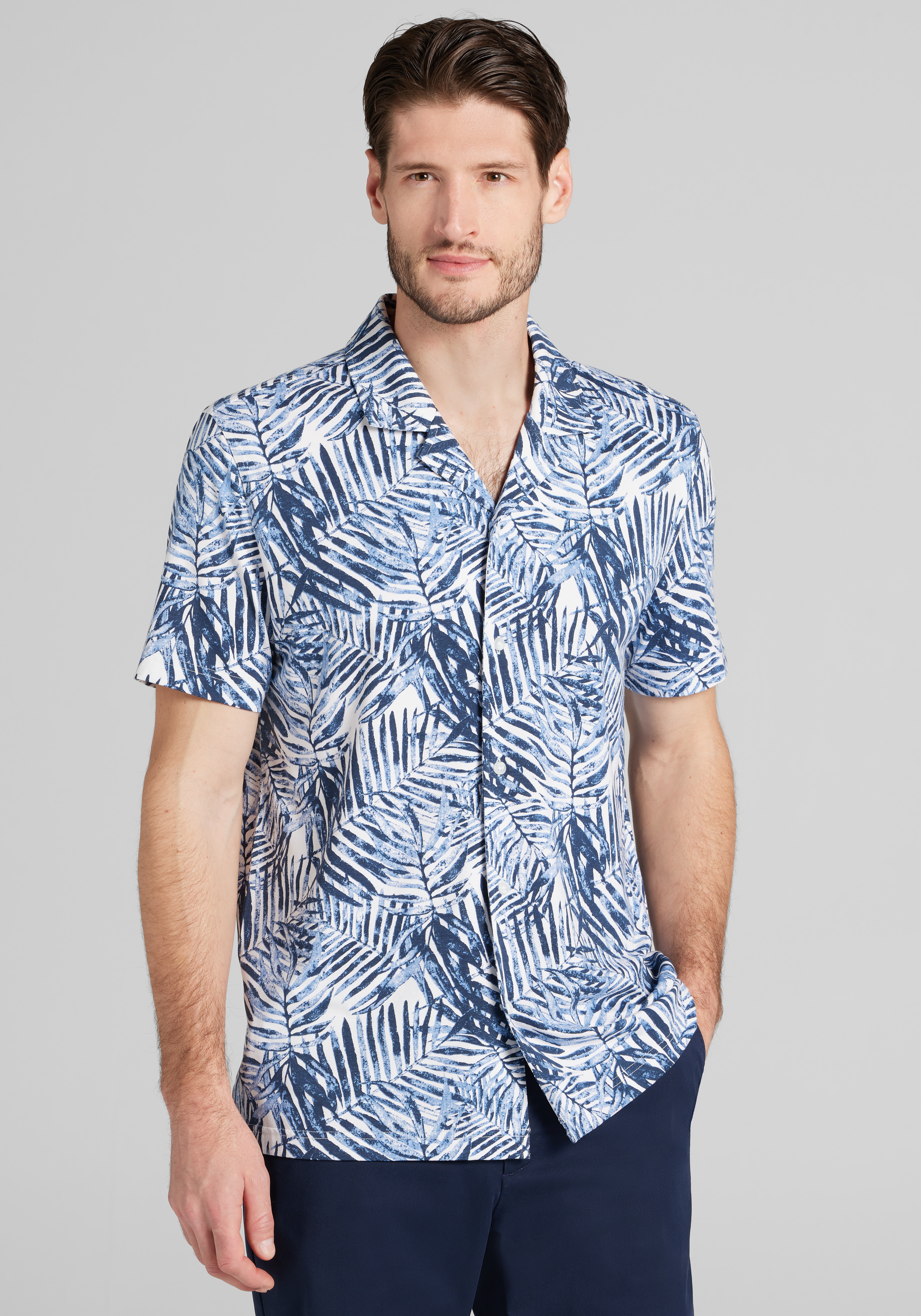 Men's Casual Tops, Jos. A. Bank Tailored Fit Palm Print Short Sleeve Camp Shirt - Jos A Bank