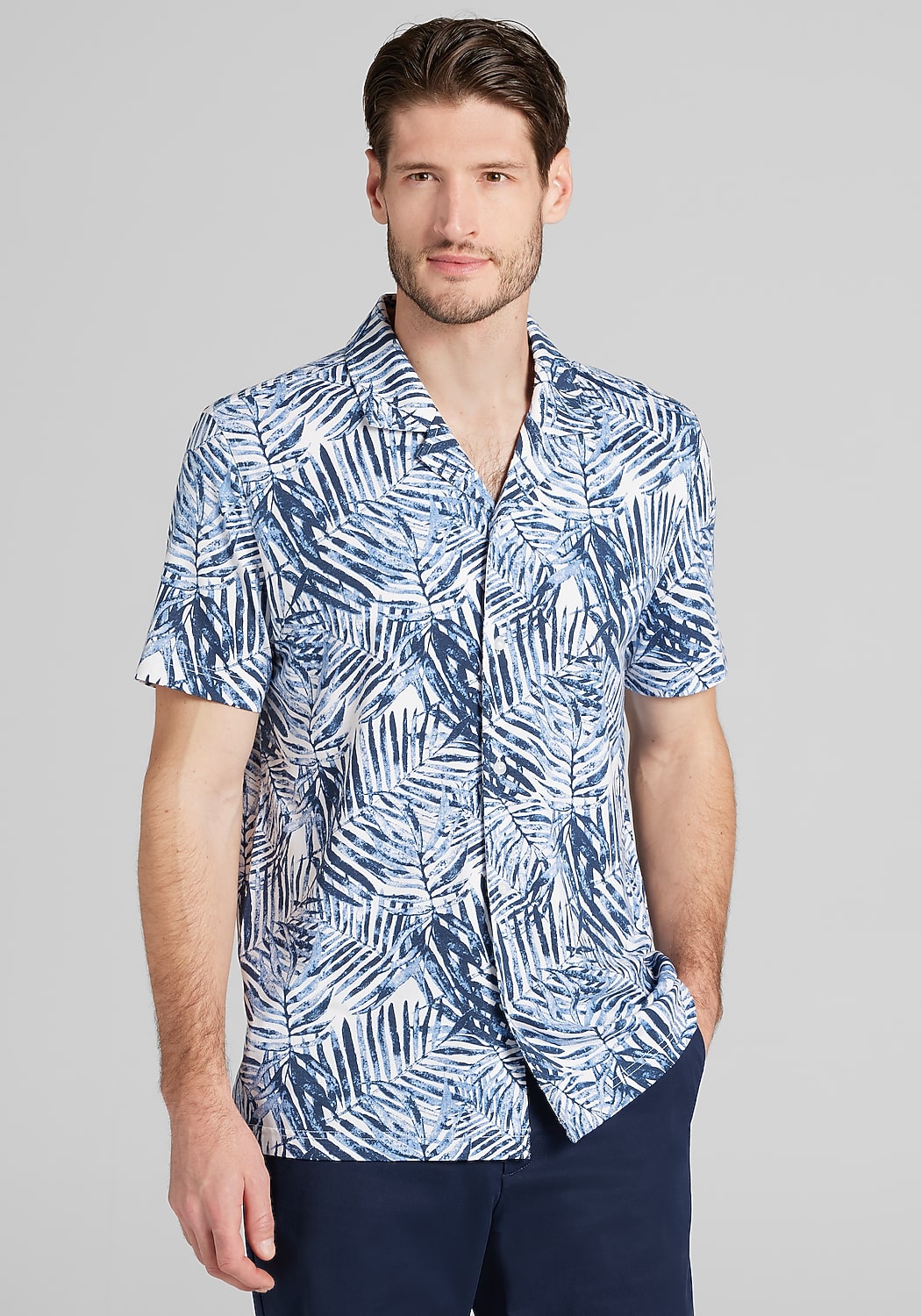 Jos. A. Bank Tailored Fit Palm Print Short Sleeve Camp Shirt