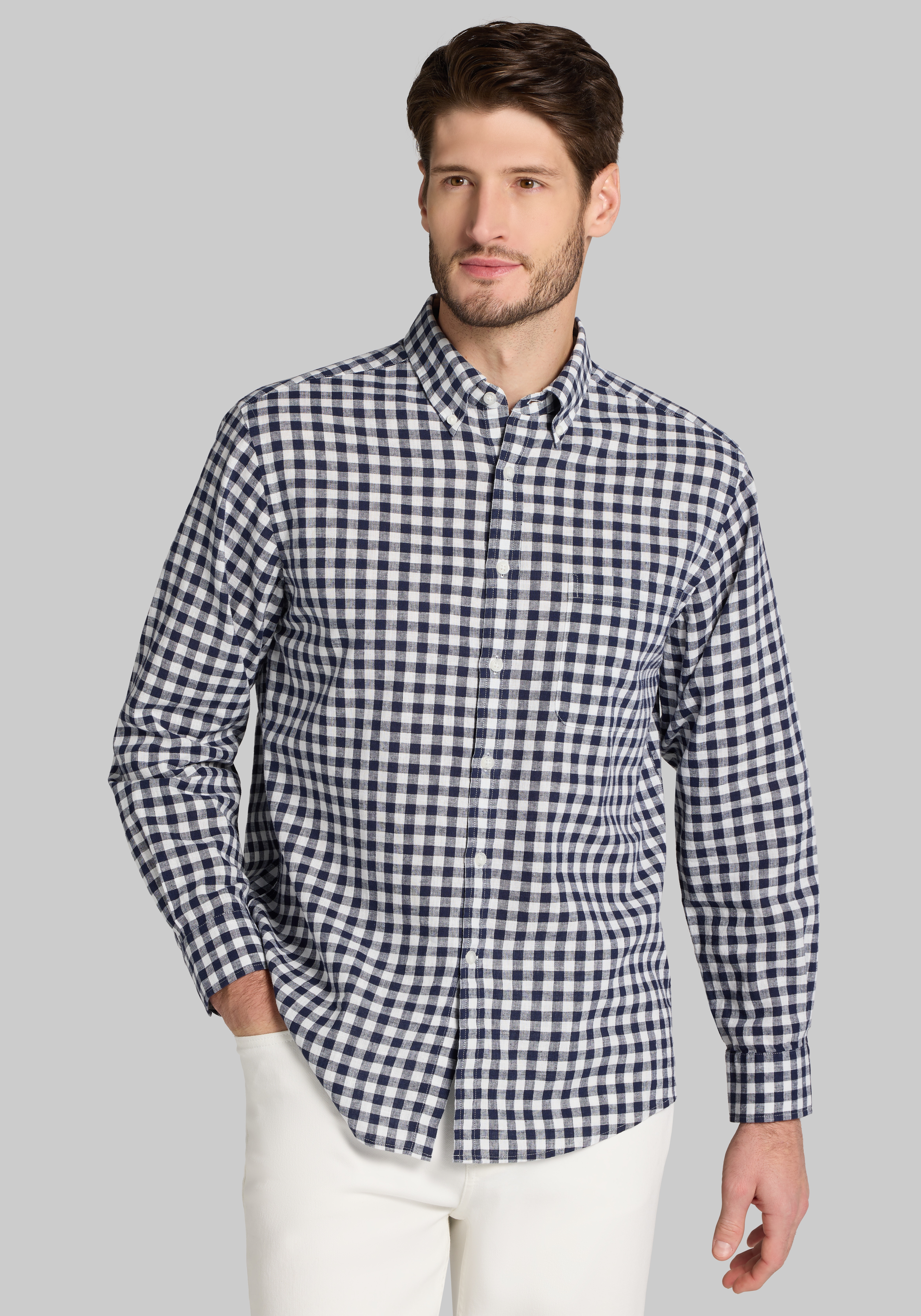 Jos. A. Bank Tailored Fit Linen Blend Check Sportshirt - Big & Tall