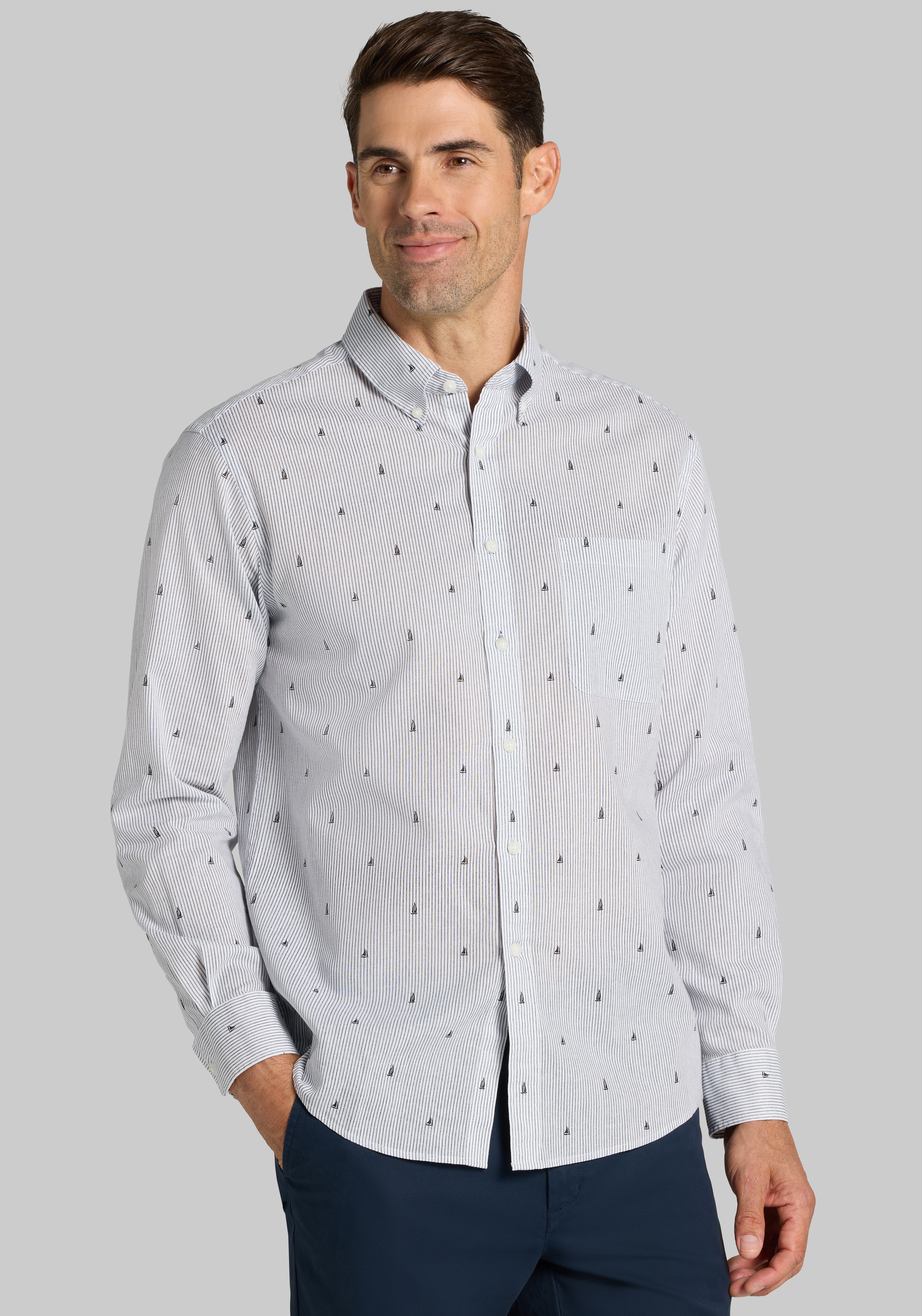 Jos. A. Bank Tailored Fit Linen Blend Nautical Pinstripe Sportshirt - Big & Tall