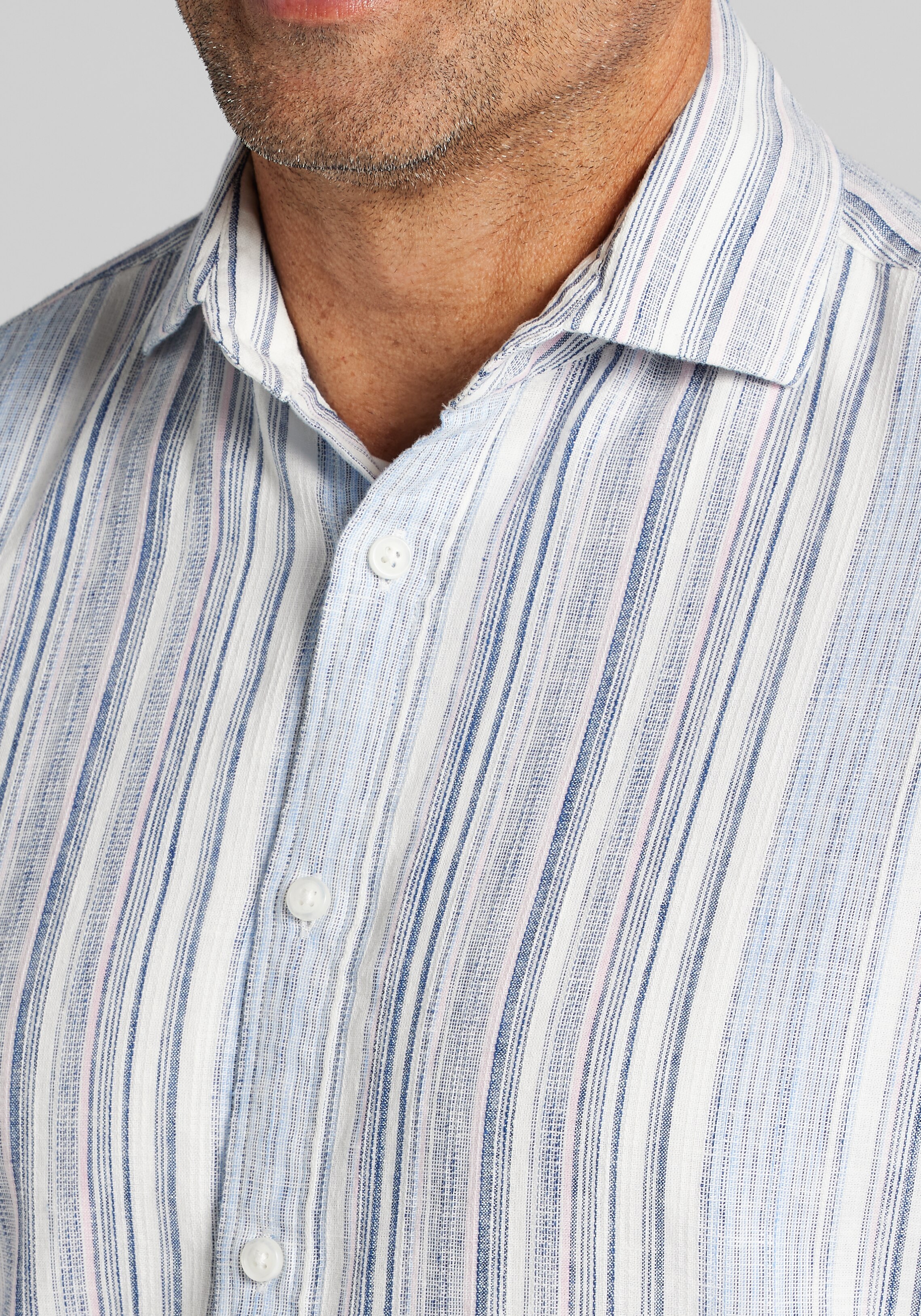 Jos. A. Bank Tailored Fit Ombre Stripe Linen Blend Short Sleeve Sportshirt