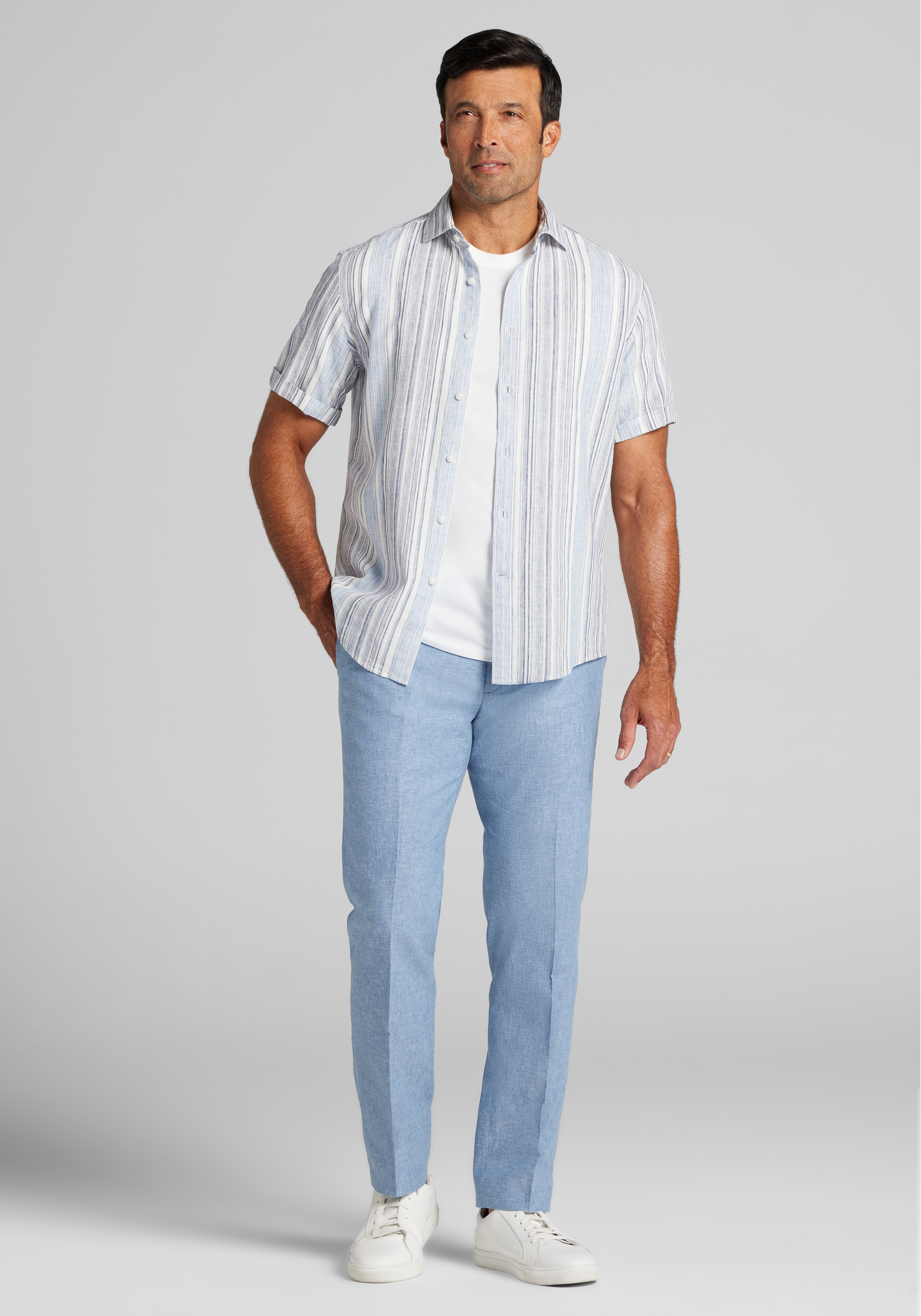 Jos. A. Bank Tailored Fit Ombre Stripe Linen Blend Short Sleeve Sportshirt