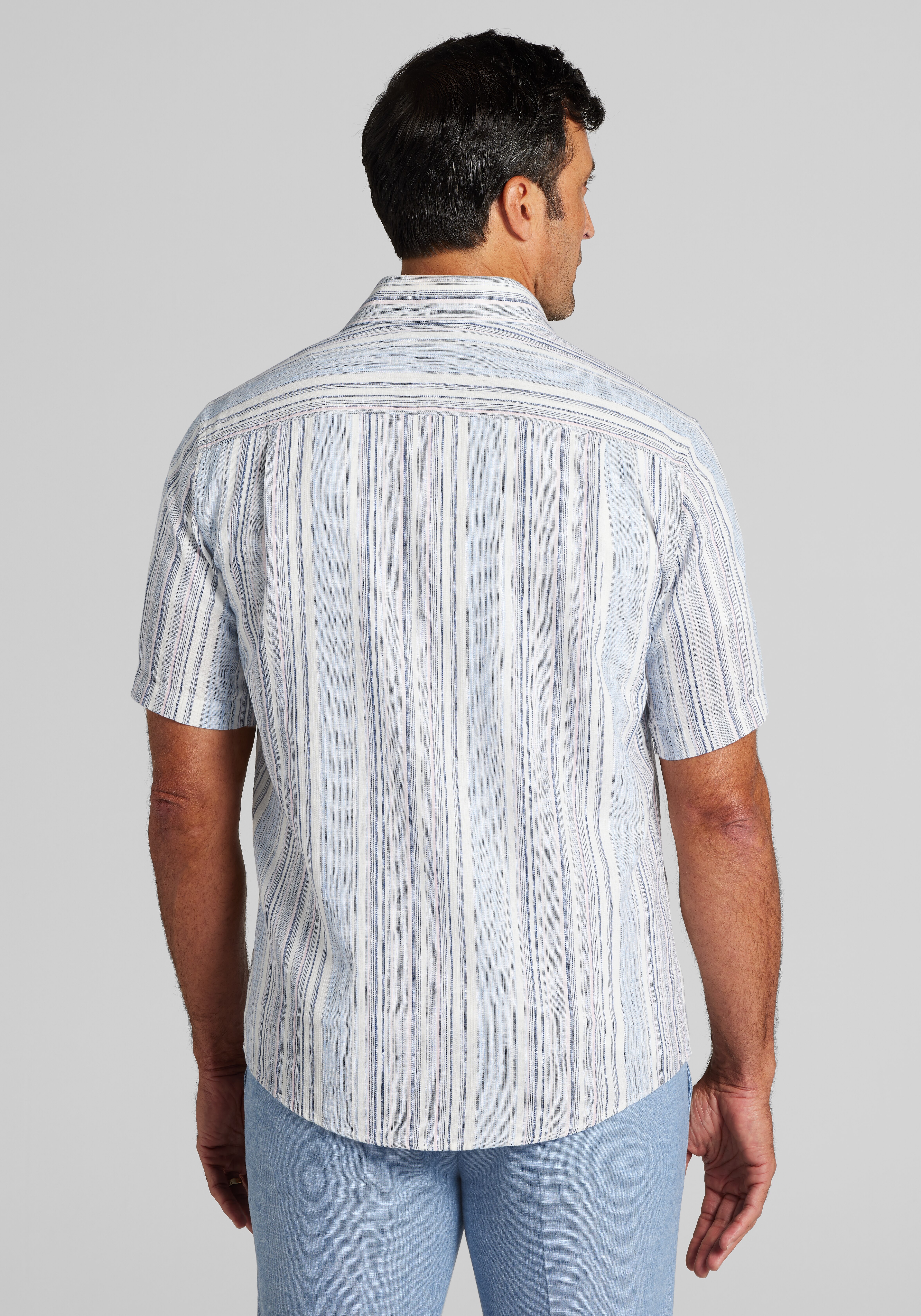 Jos. A. Bank Tailored Fit Ombre Stripe Linen Blend Short Sleeve Sportshirt