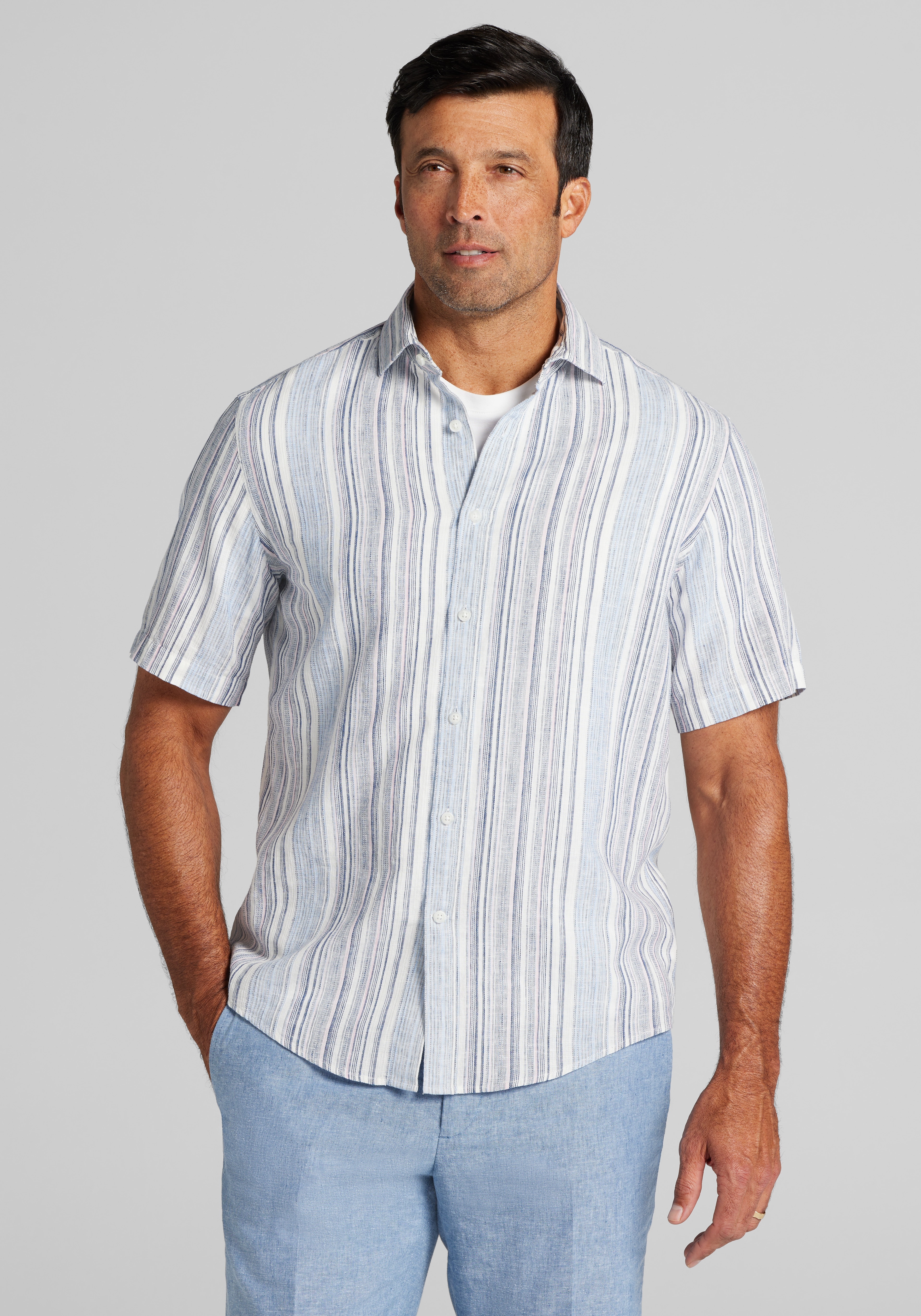 Jos. A. Bank Tailored Fit Ombre Stripe Linen Blend Short Sleeve Sportshirt CLEARANCE