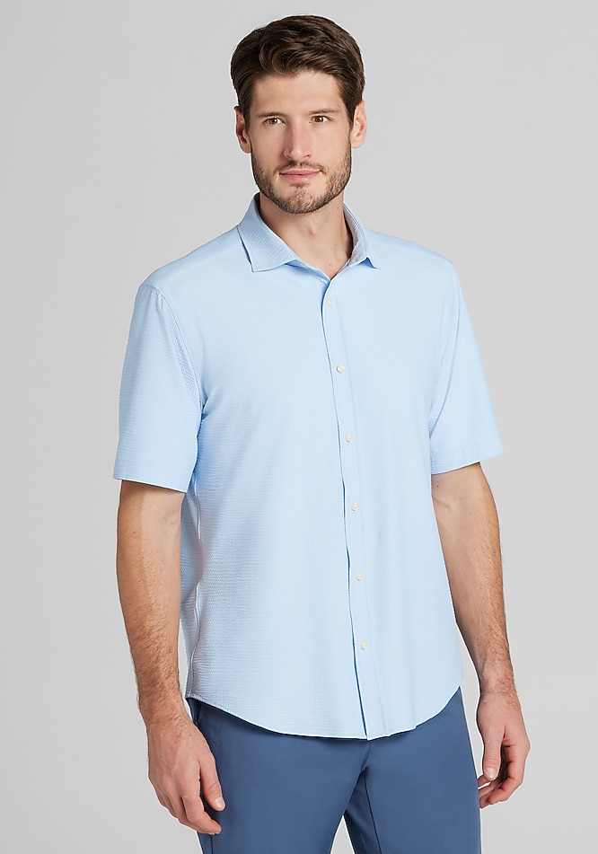 Men's Jos. A. Bank Tailored Fit Seersucker Short Sleeve Button Up Shirt at Jos. A. Bank, Blue/Navy, Size Large