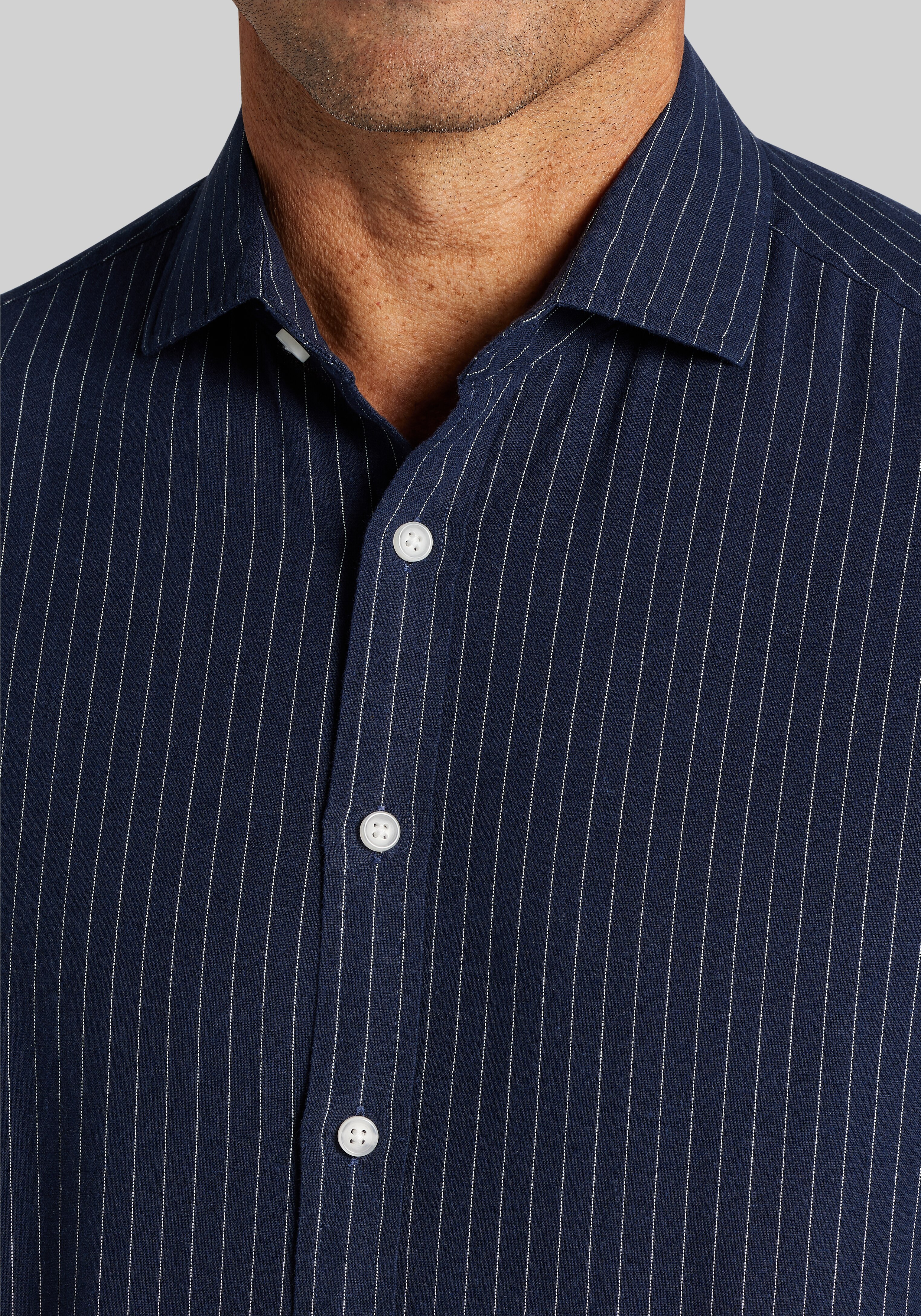 Jos. A. Bank Tailored Fit Pinstripe Linen-Cotton Blend Sportshirt