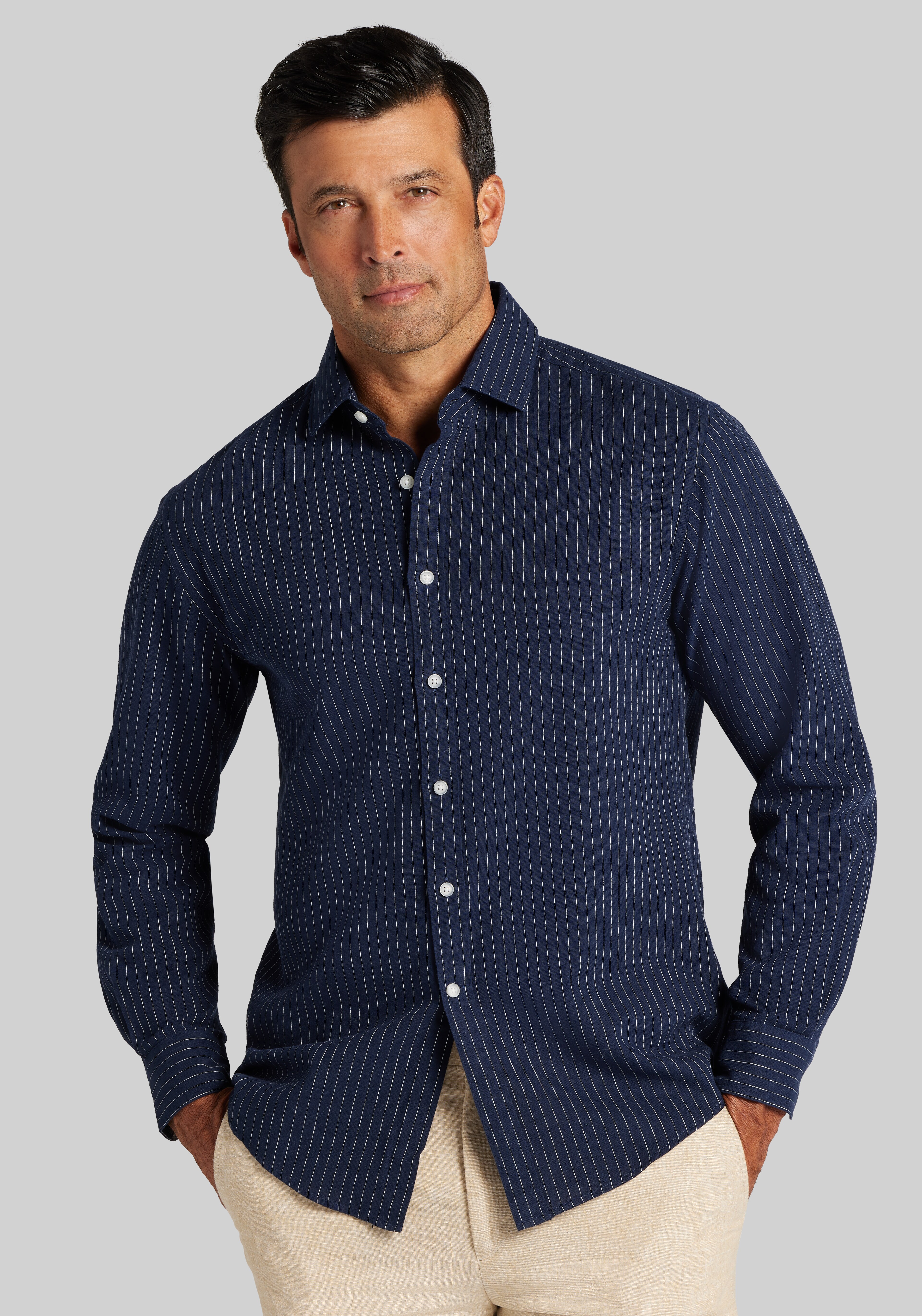 Jos. A. Bank Tailored Fit Pinstripe Linen-Cotton Blend Button Up Shirt CLEARANCE