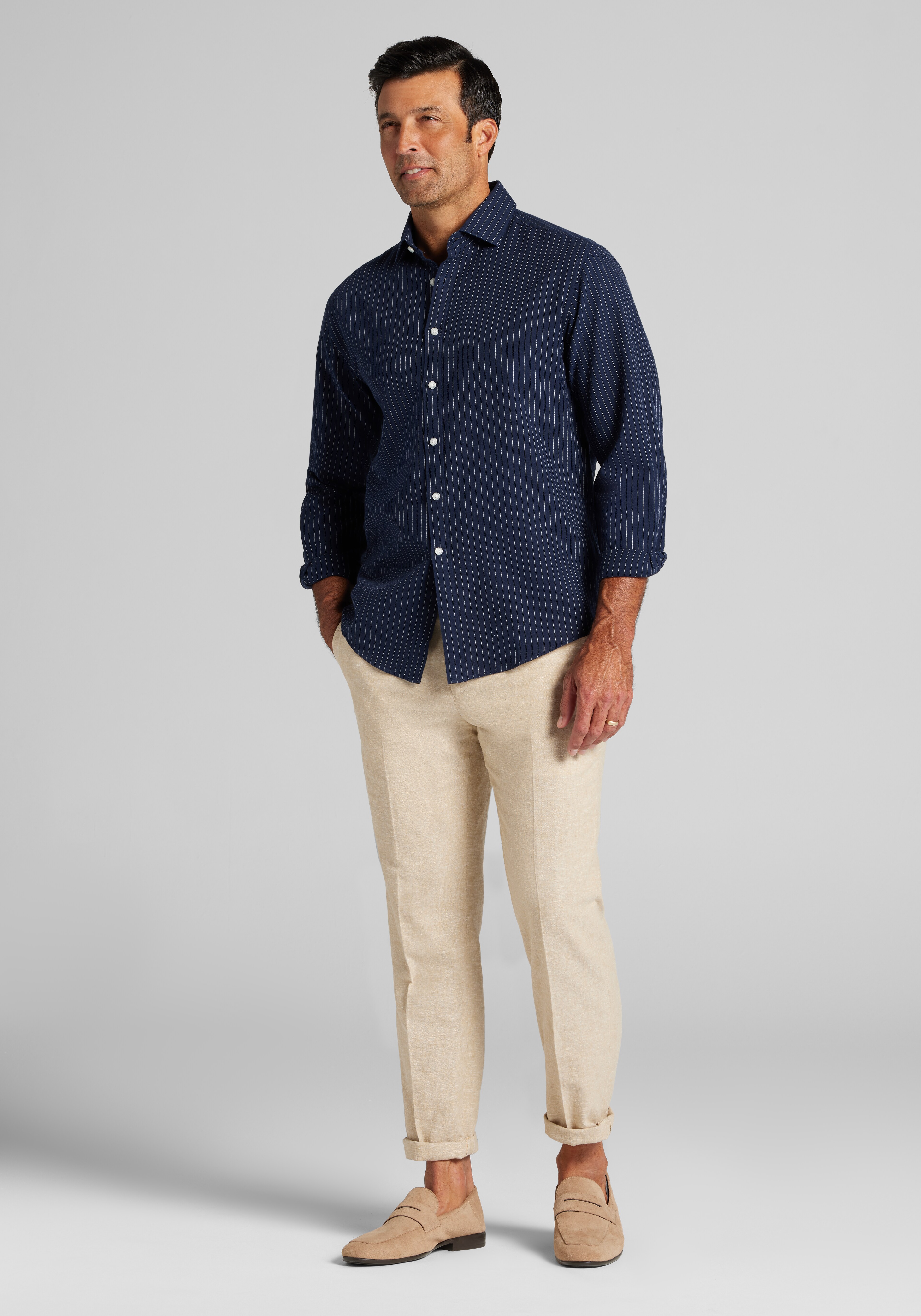Jos. A. Bank Tailored Fit Pinstripe Linen-Cotton Blend Button Up Shirt CLEARANCE