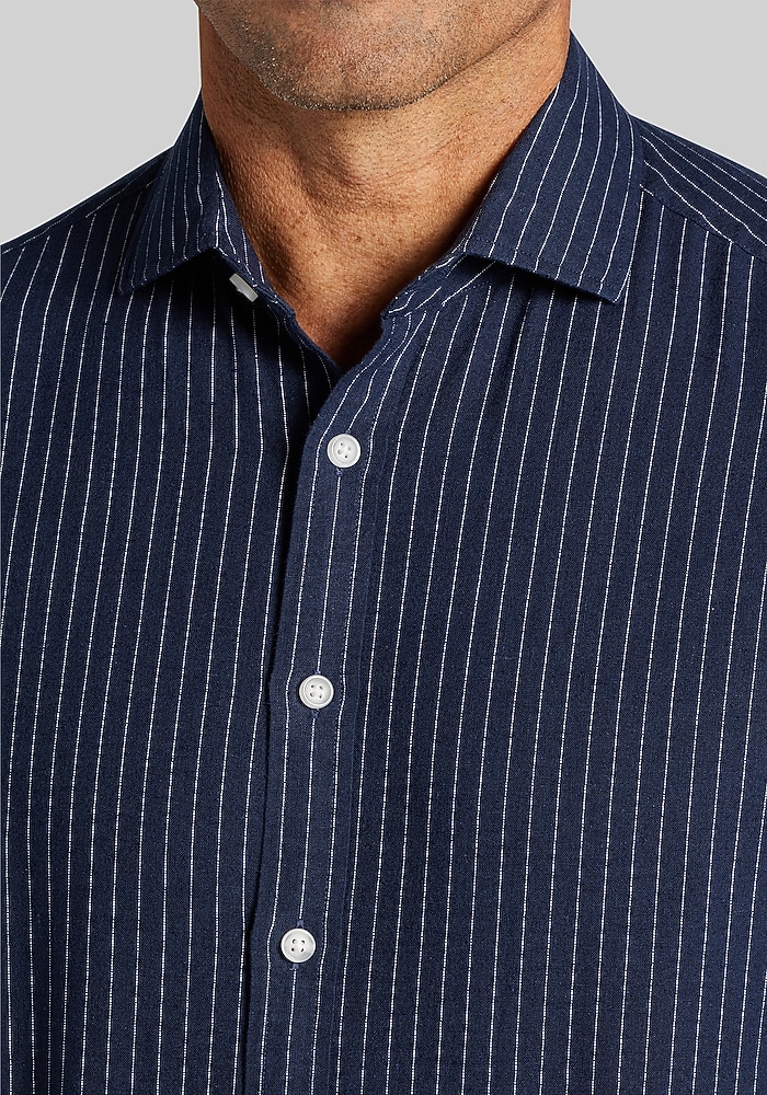 Jos. A. Bank Tailored Fit Pinstripe Linen-Cotton Blend Sportshirt