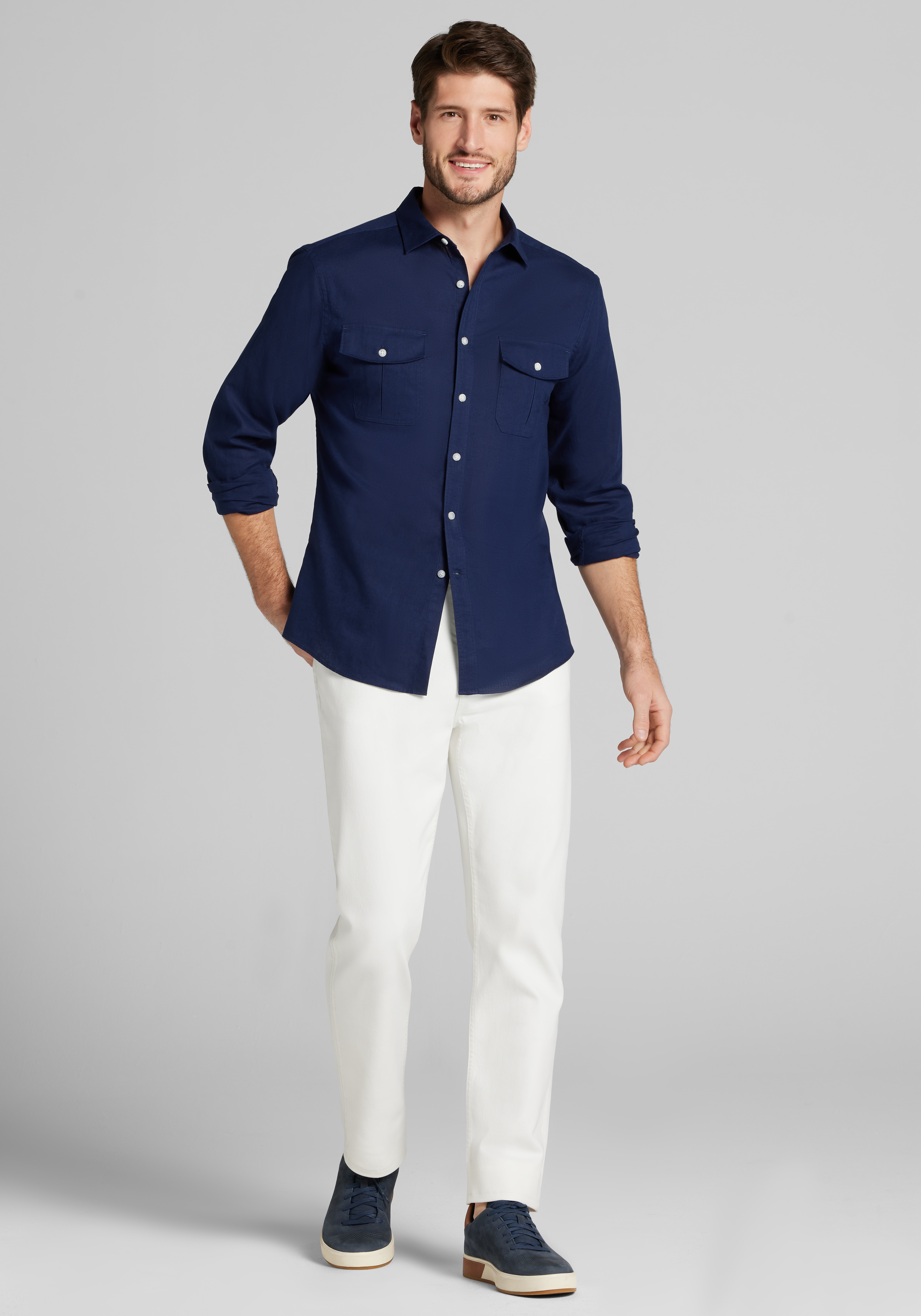 Jos. A Bank Tailored Fit Double Pocket Linen-Cotton Blend Sportshirt