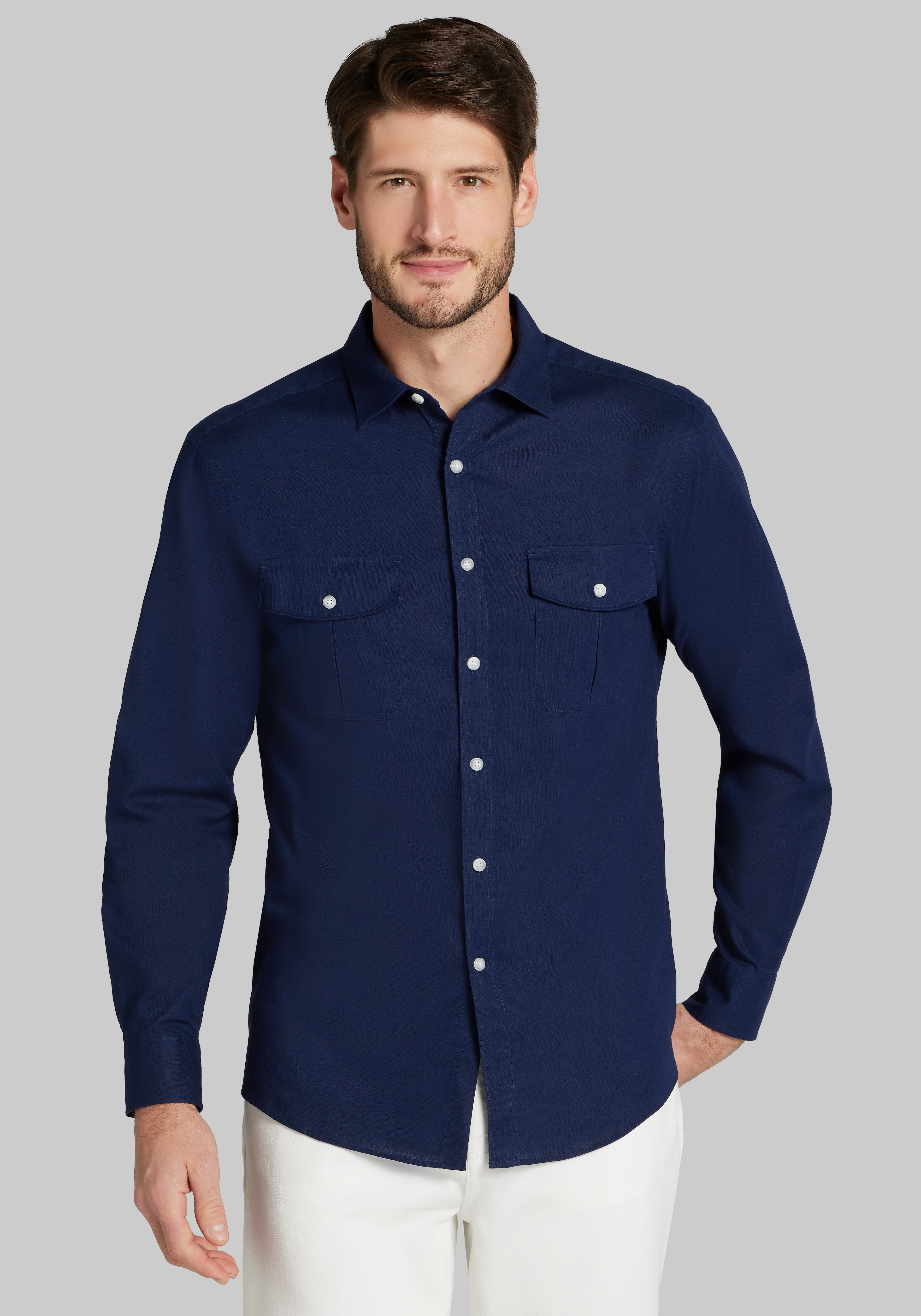 Jos. A Bank Tailored Fit Double Pocket Linen-Cotton Blend Button Up Shirt CLEARANCE