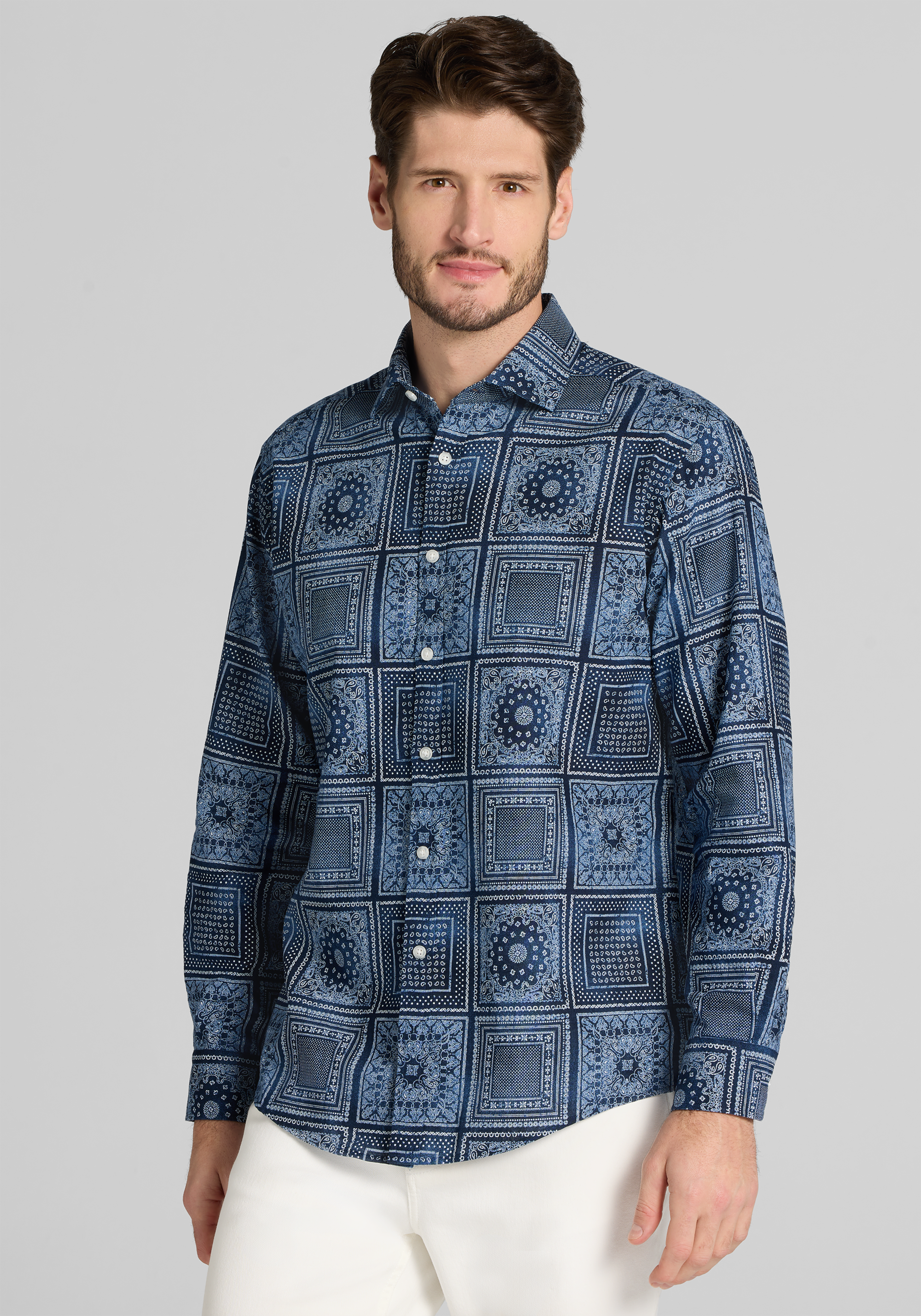 Jos. A. Bank Tailored Fit Linen Blend Paisley Square Button Up Shirt CLEARANCE