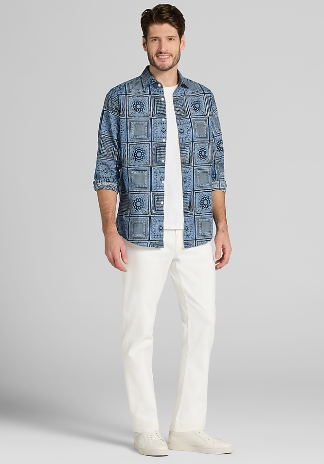 Jos. A. Bank Tailored Fit Linen Blend Paisley Square Button Up