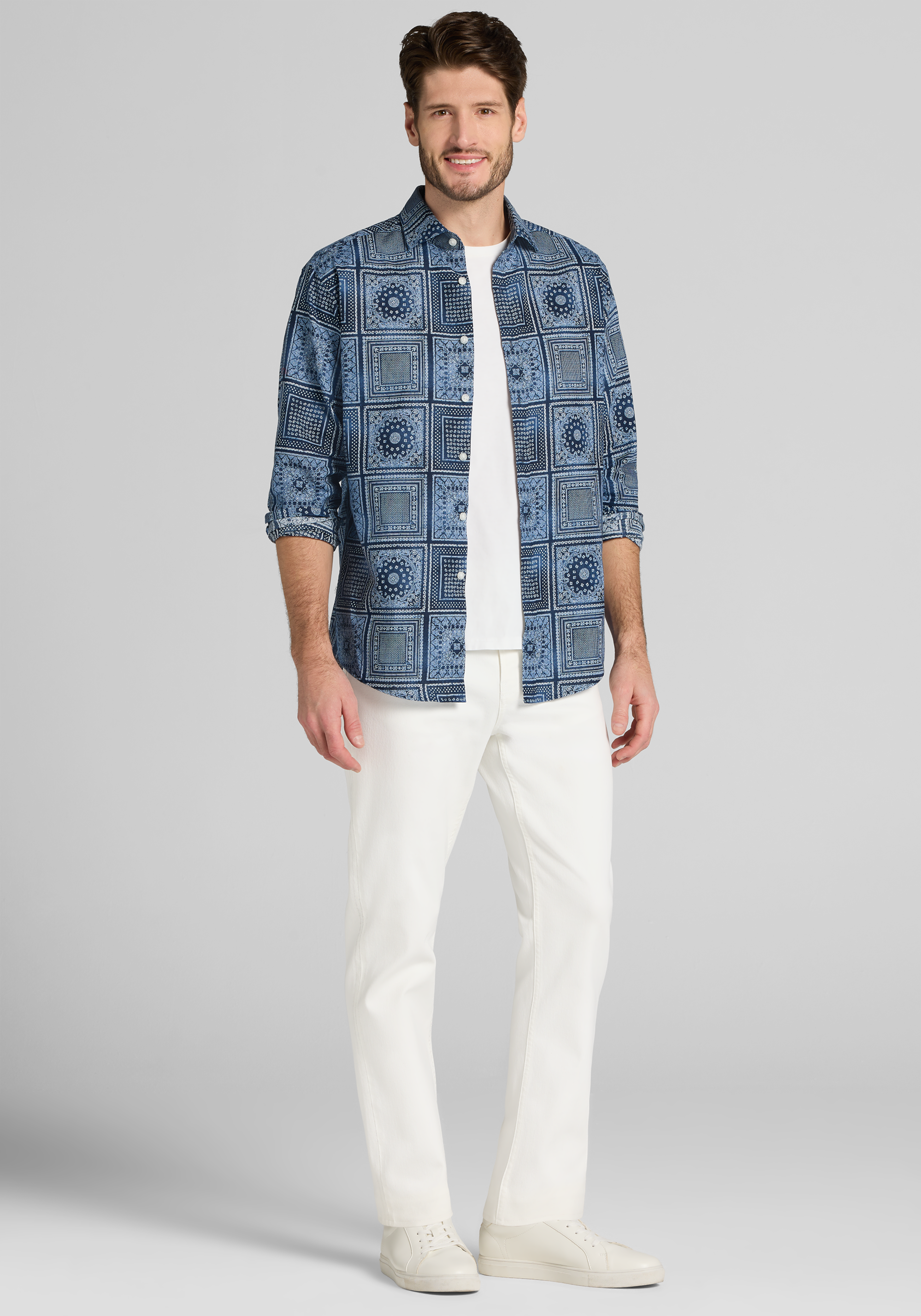 Jos. A. Bank Tailored Fit Linen Blend Paisley Square Button Up Shirt CLEARANCE