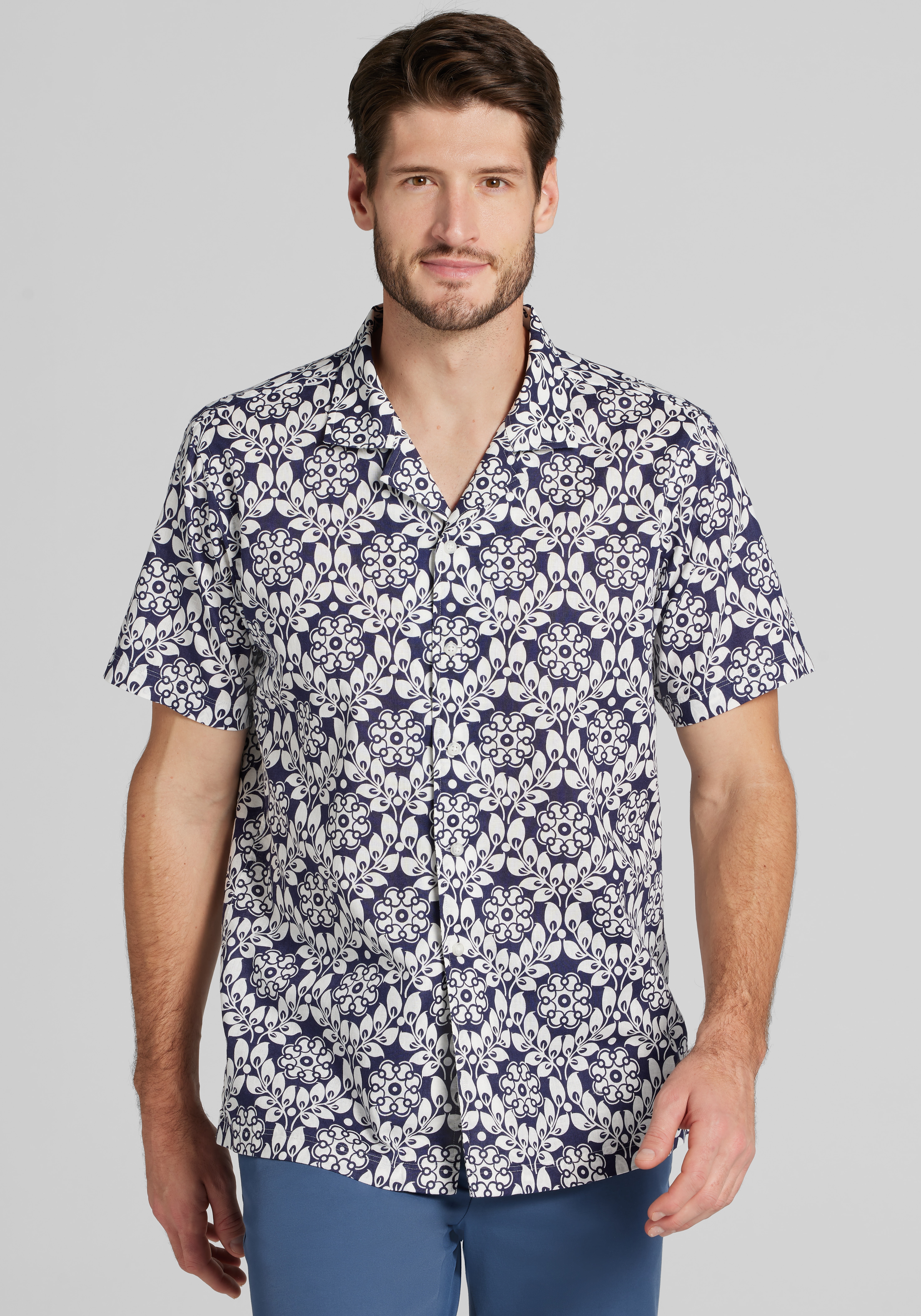 Men's New!, Jos. A. Bank Tailored Fit Jumbo Vine Linen Blend Short Sleeve Sportshirt - Jos A Bank