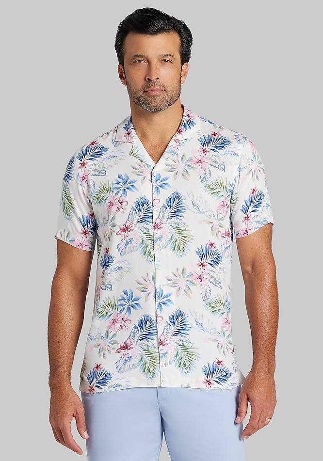 Men's Big & Tall Jos. A. Bank Tailored Fit Lotus Short Sleeve Button Up Hawaiian Shirt at Jos. A. Bank, Cream/White, Size 2 X Tall