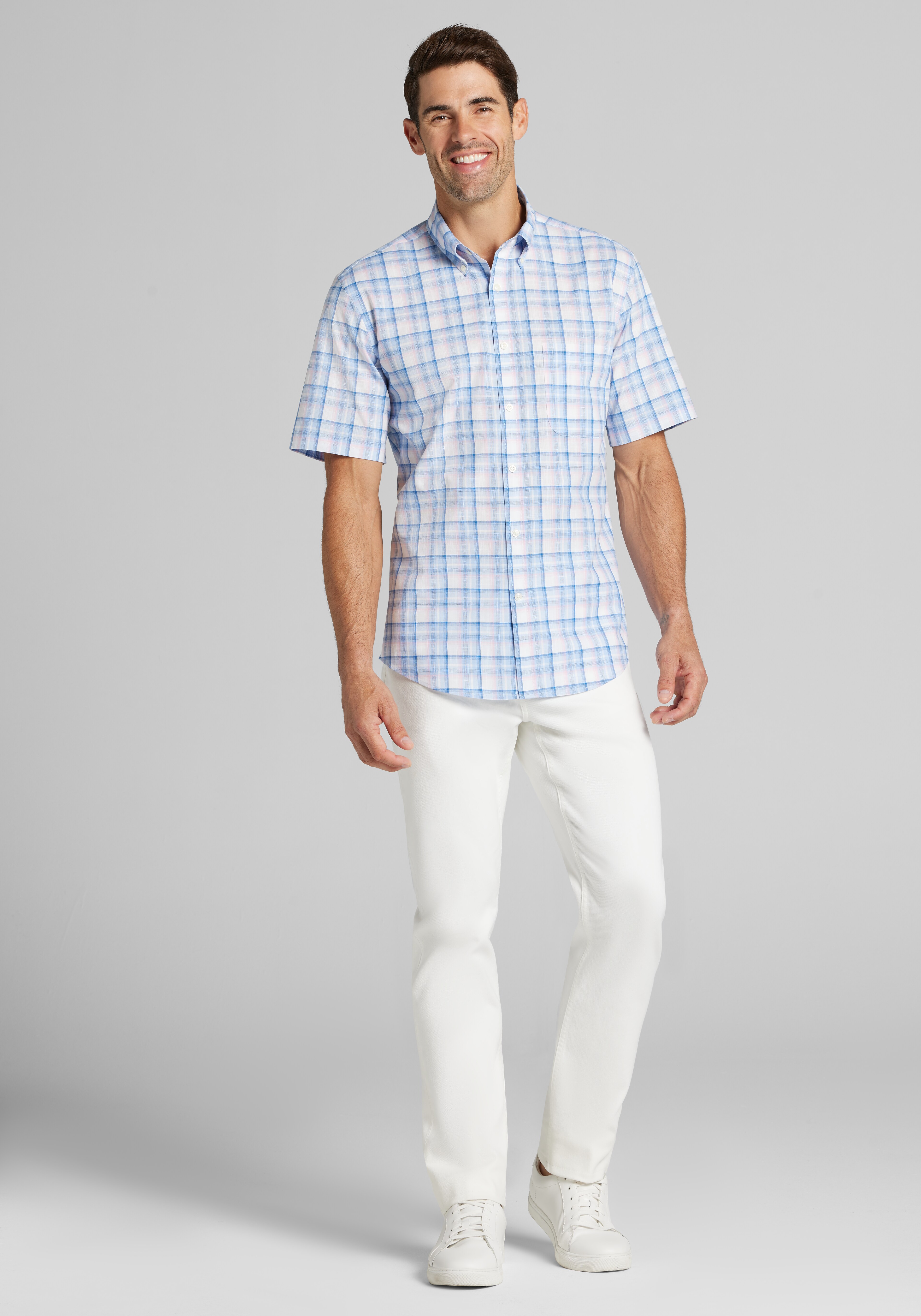 Jos. A. Bank Tailored Fit Ombre Plaid Short Sleeve Sportshirt CLEARANCE