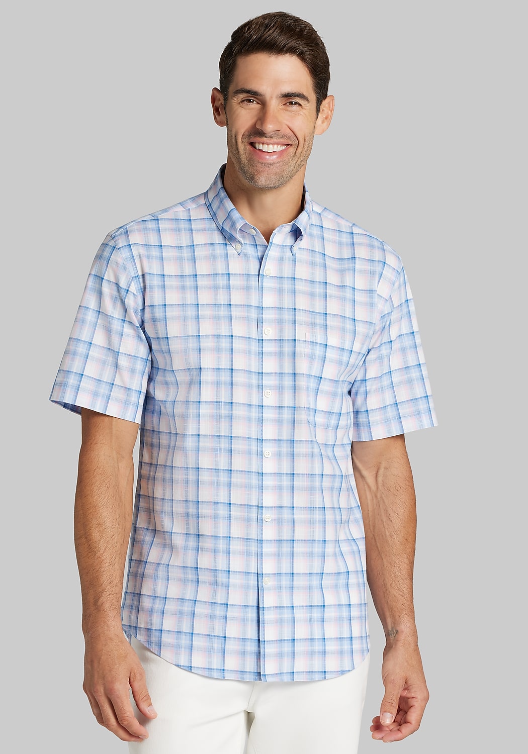 Jos. A. Bank Tailored Fit Ombre Plaid Short Sleeve Sportshirt - Big & Tall