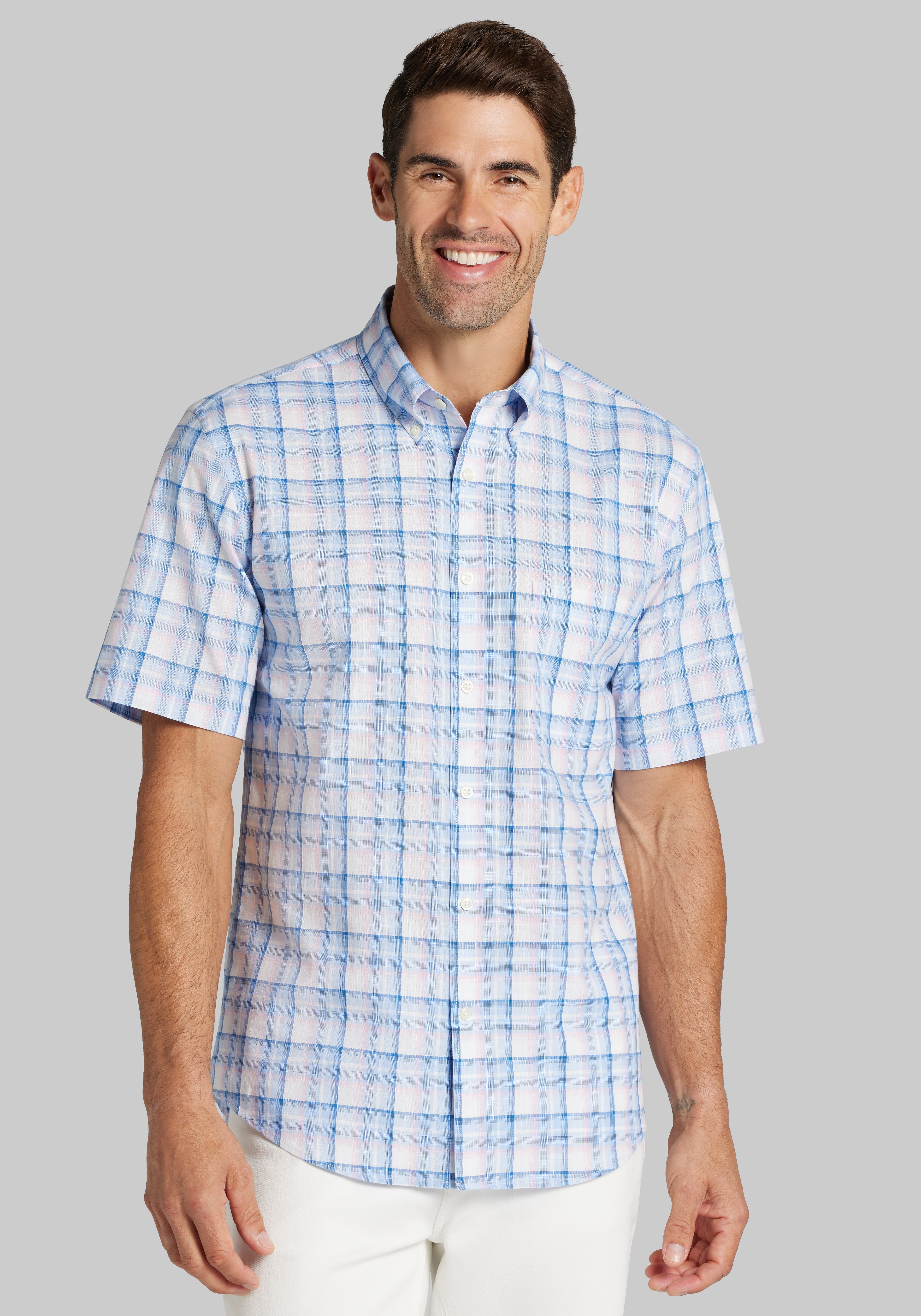 Jos. A. Bank Tailored Fit Ombre Plaid Short Sleeve Sportshirt CLEARANCE