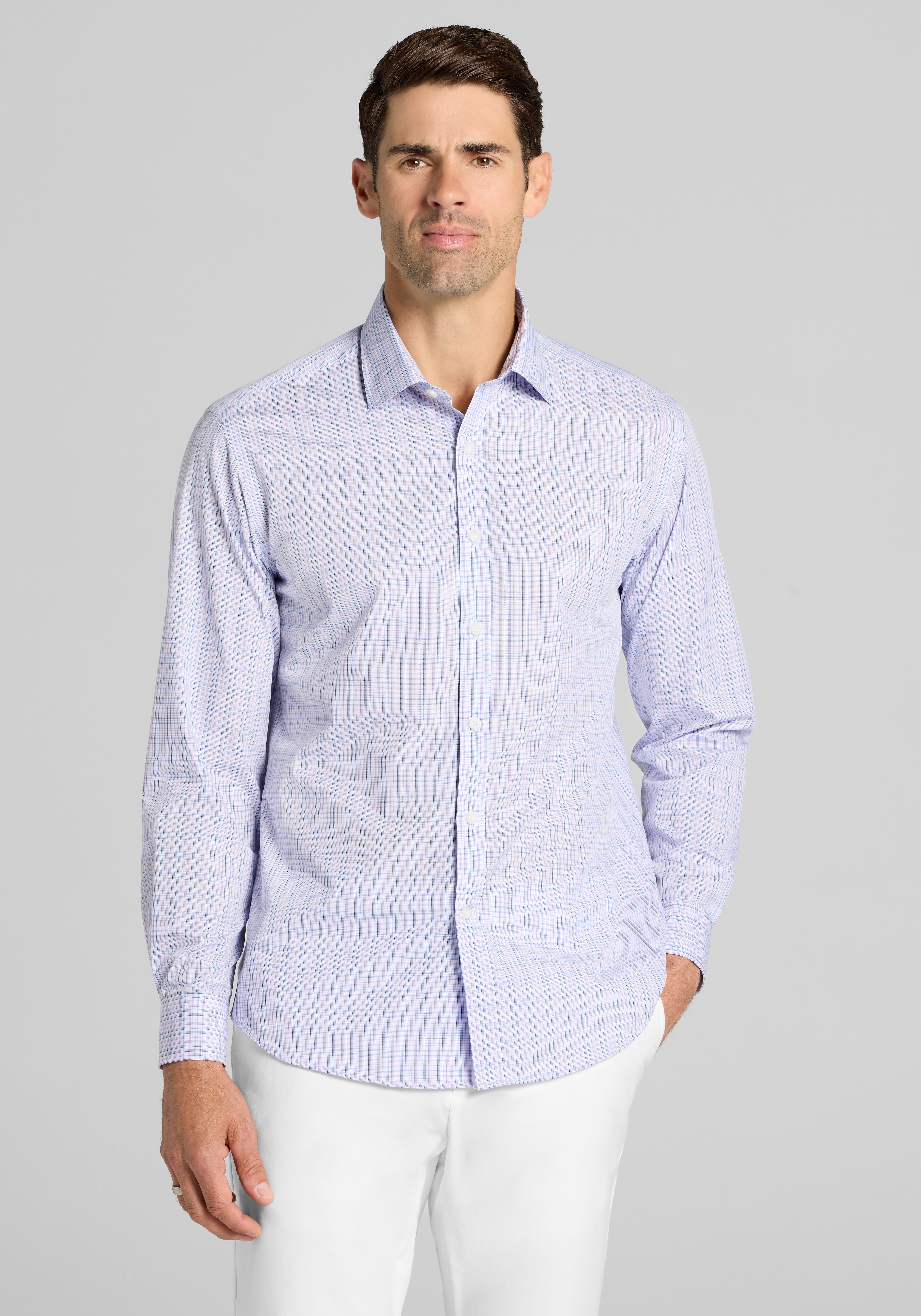 Men's Casual Tops, 1905 Collection Tailored Fit Long Sleeve Small Check Sportshirt - Jos A Bank