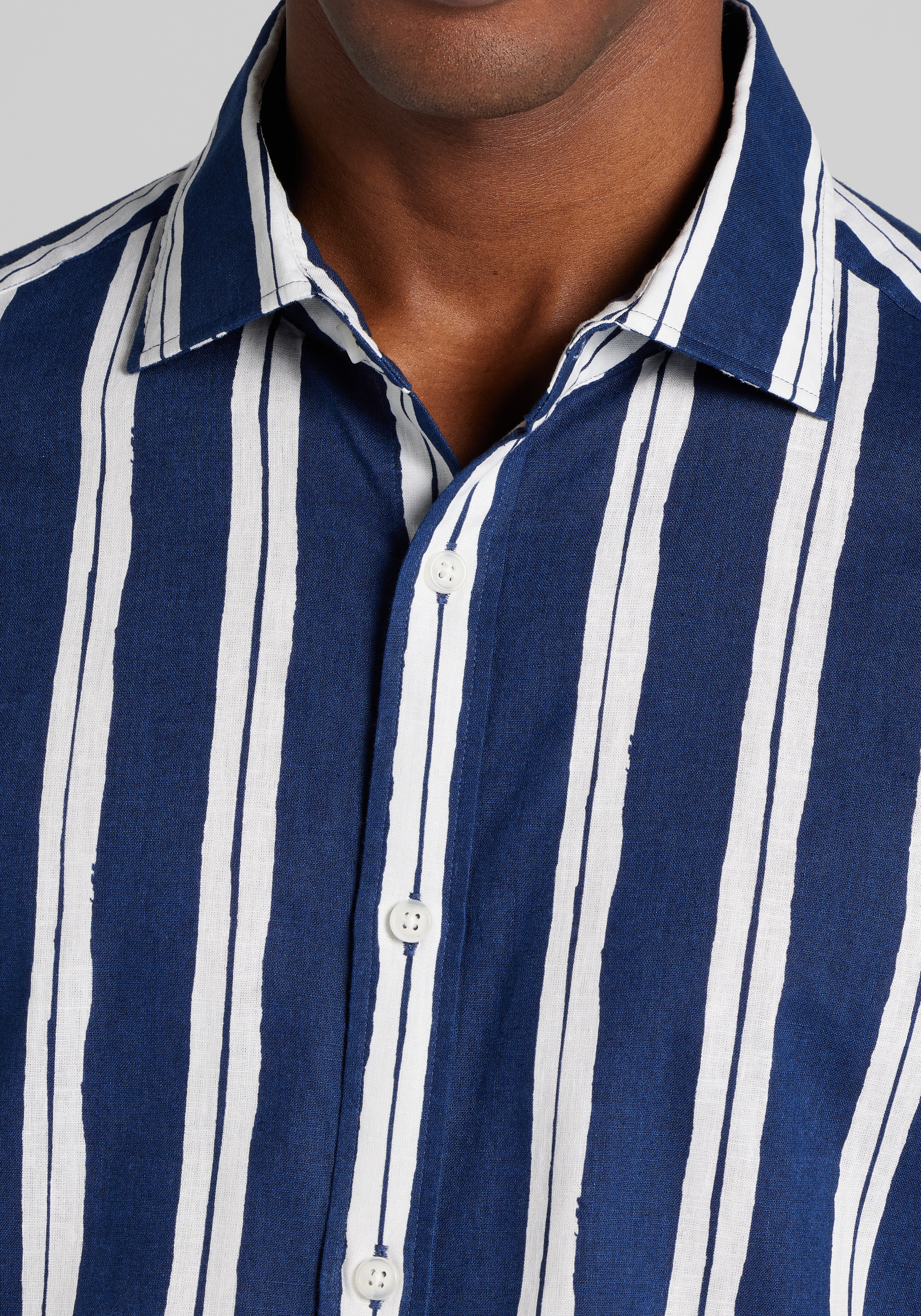 Jos. A. Bank Tailored Fit Painted Stripe Linen-Cotton Blend Short Sleeve Button Up Shirt CLEARANCE
