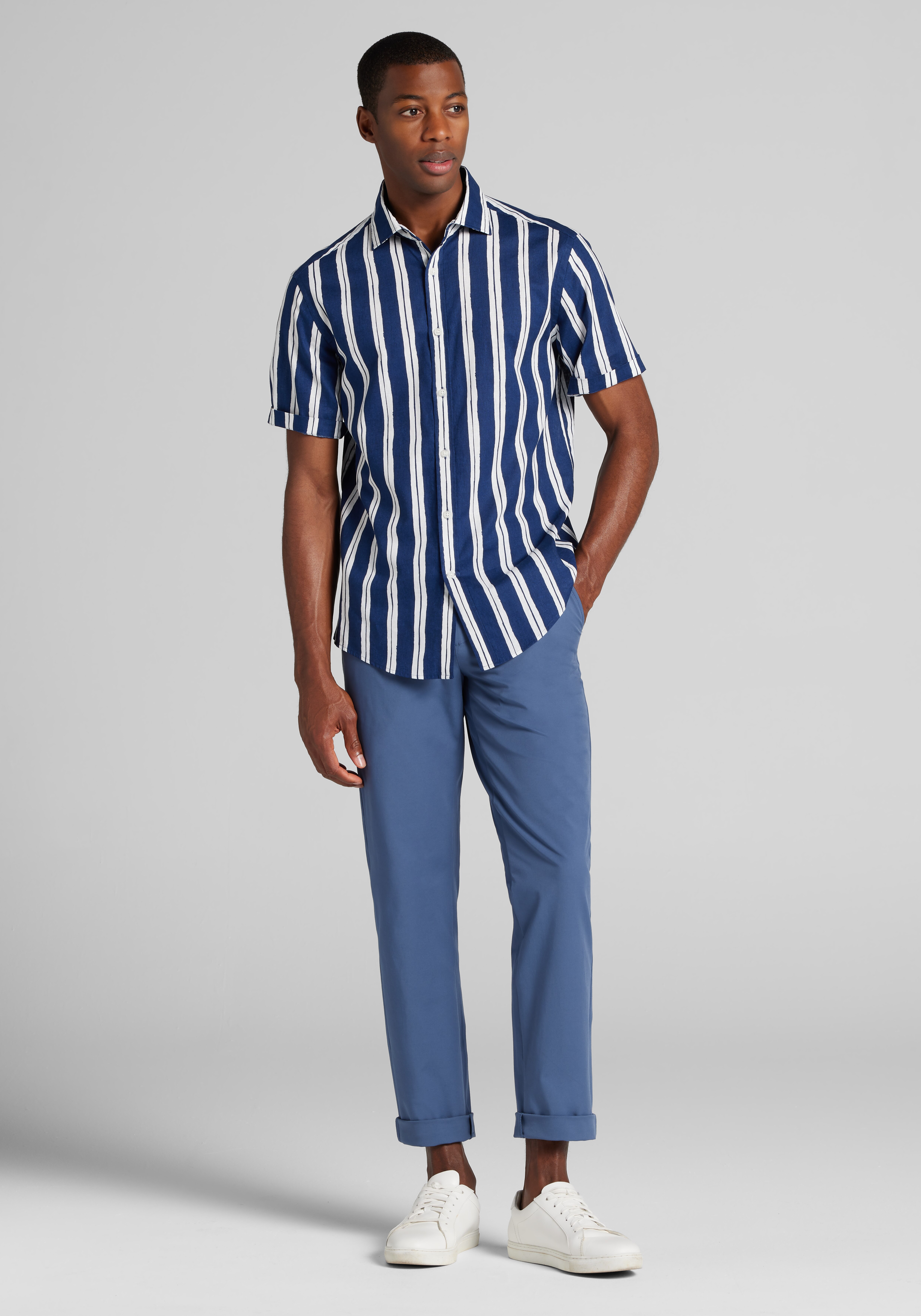 Jos. A. Bank Tailored Fit Painted Stripe Linen-Cotton Blend Sportshirt