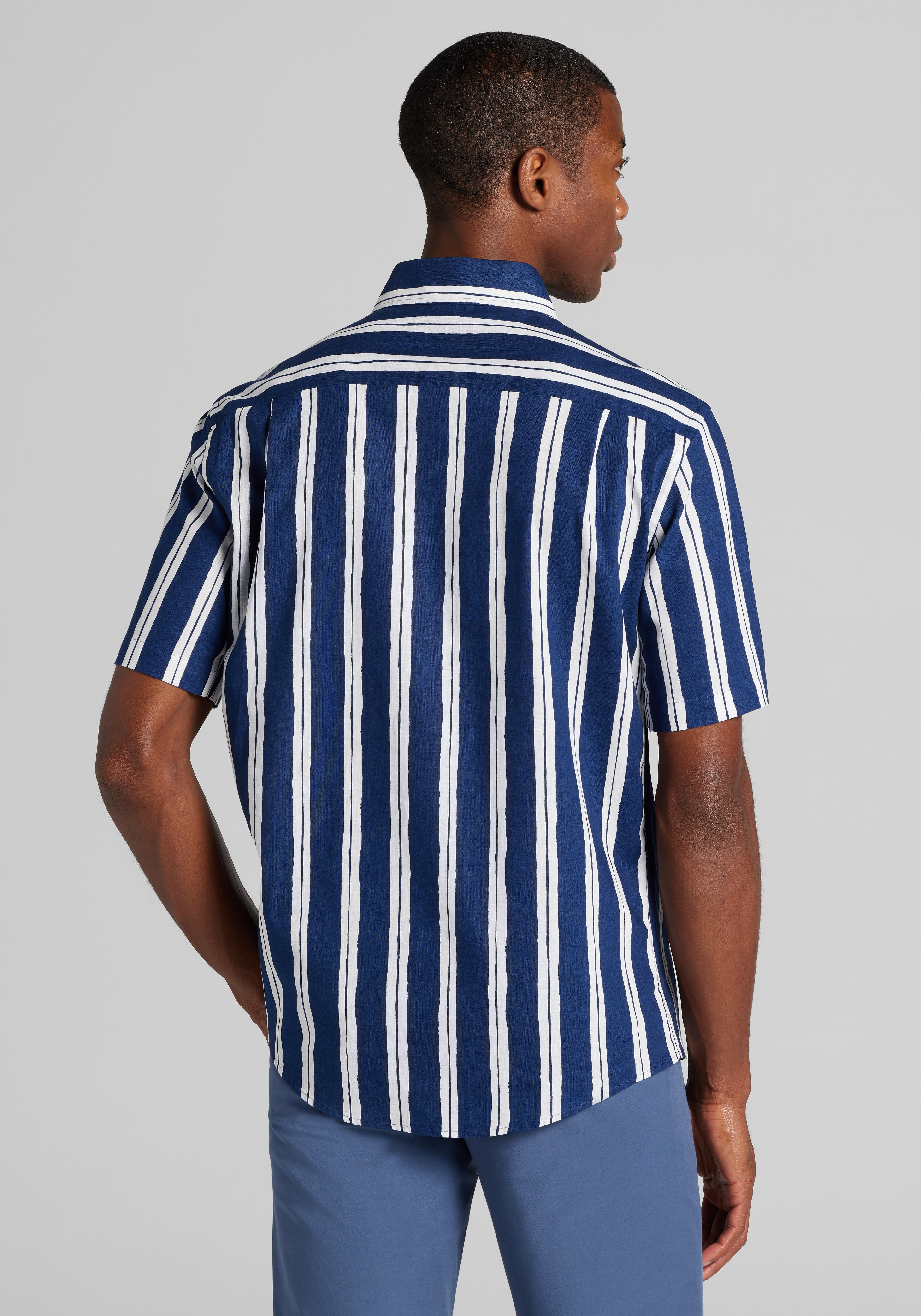 Jos. A. Bank Tailored Fit Painted Stripe Linen-Cotton Blend Short Sleeve Button Up Shirt CLEARANCE