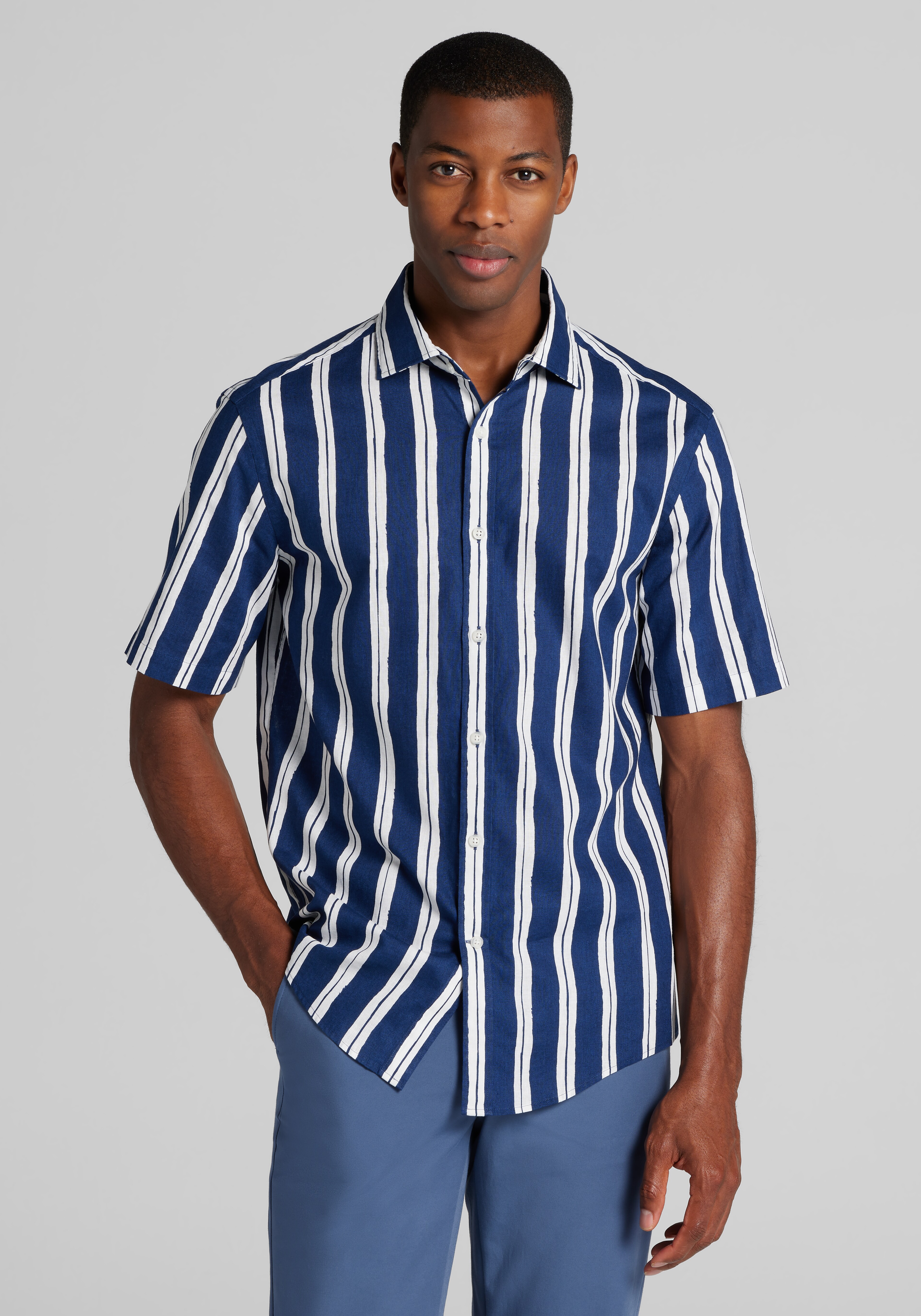 Jos. A. Bank Tailored Fit Painted Stripe Linen-Cotton Blend Short Sleeve Button Up Shirt CLEARANCE