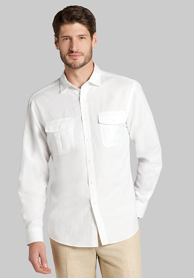 フレンチグレイ　ビッグポスト Jos. A. Bank Tailored Fit Double Pocket Linen Blend Button Up