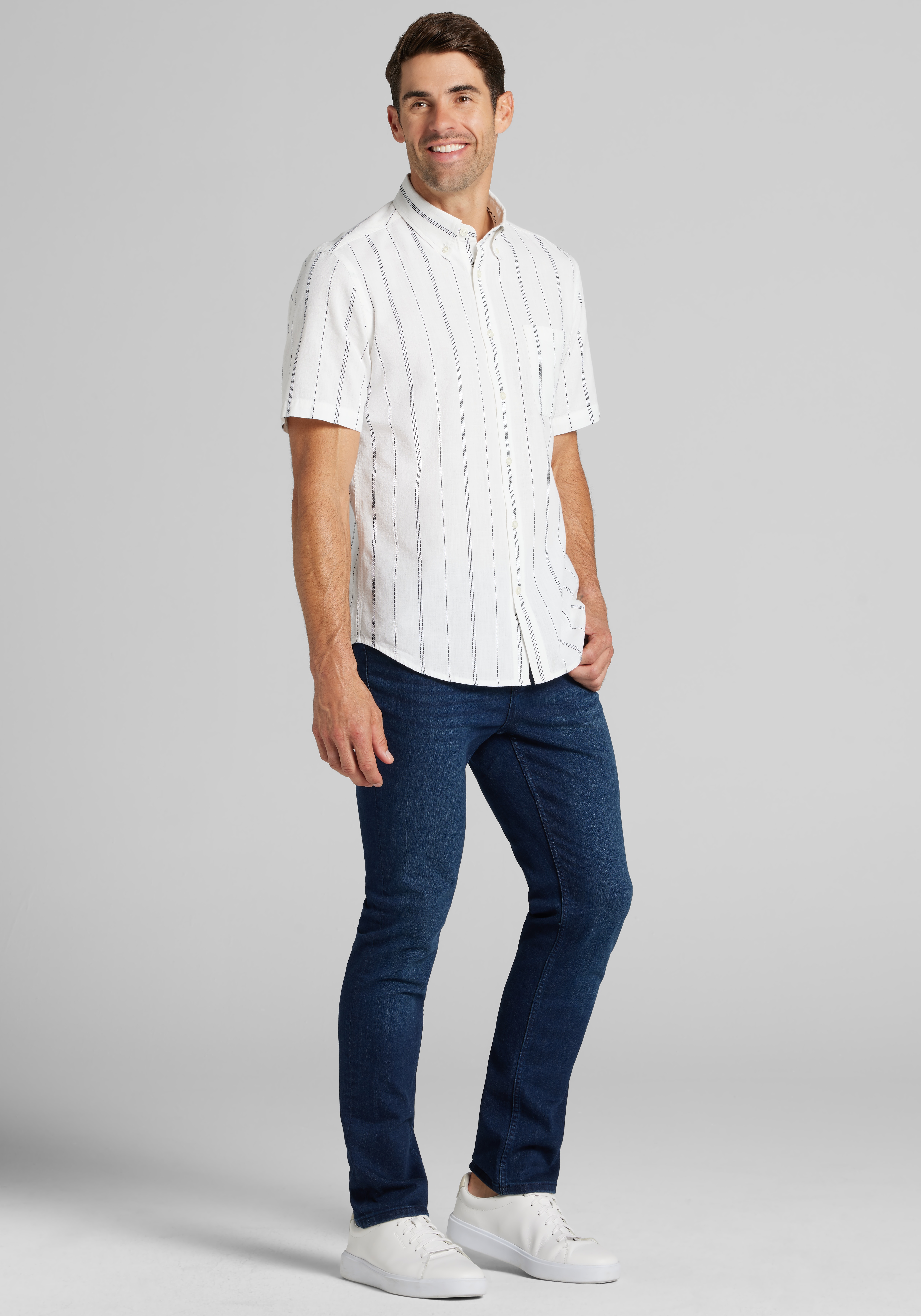 Jos. A. Bank Tailored Fit Embroidered Stripe Short Sleeve Sportshirt