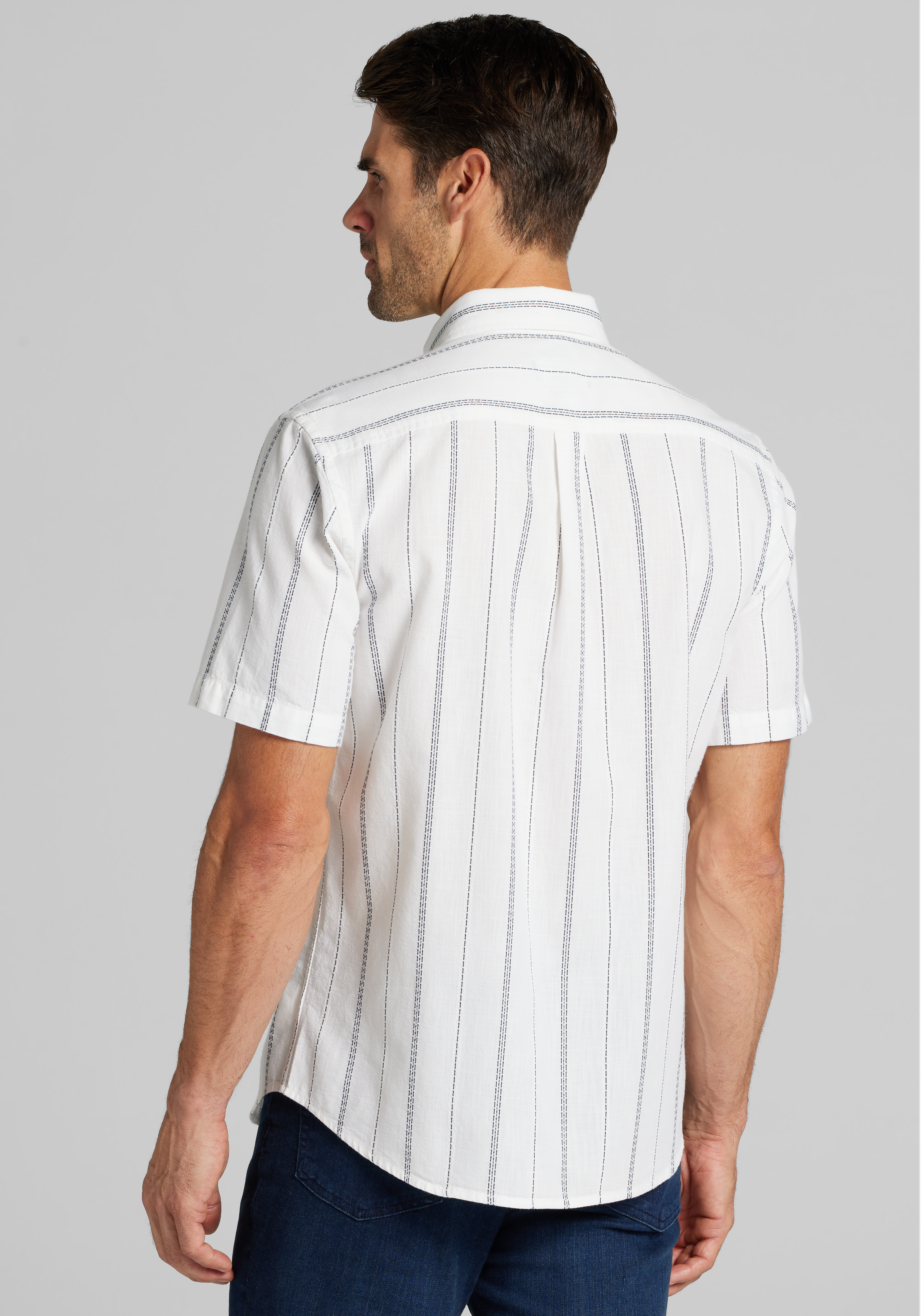 Jos. A. Bank Tailored Fit Embroidered Stripe Short Sleeve Sportshirt
