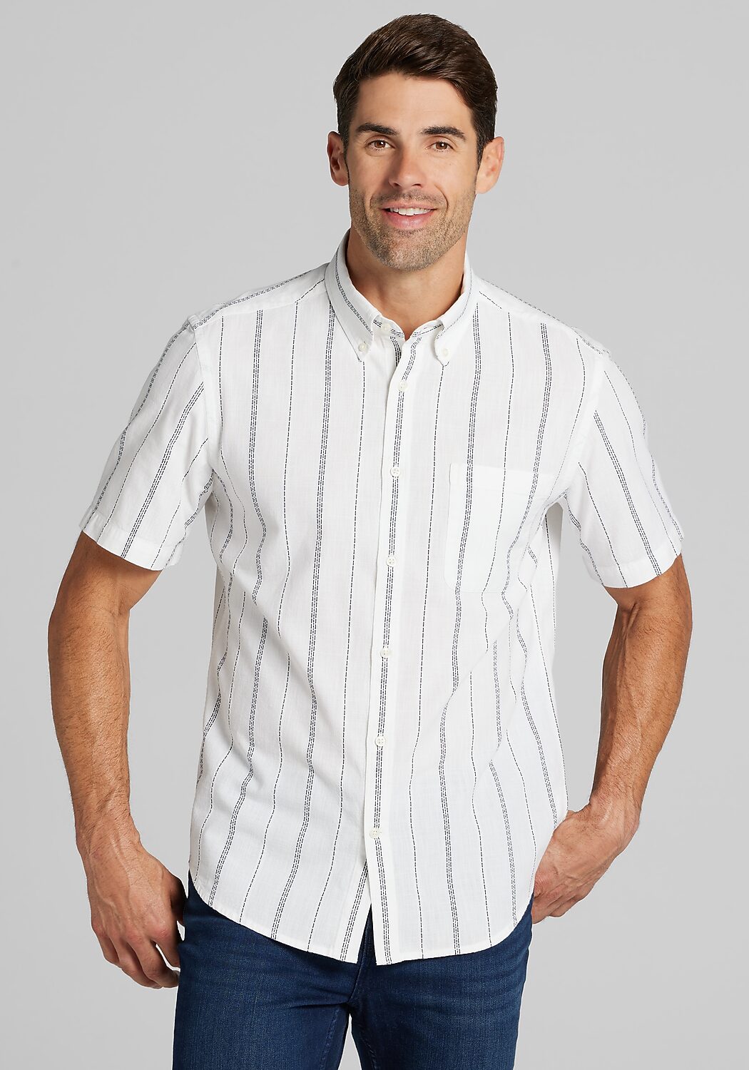 Jos. A. Bank Tailored Fit Embroidered Stripe Short Sleeve Sportshirt