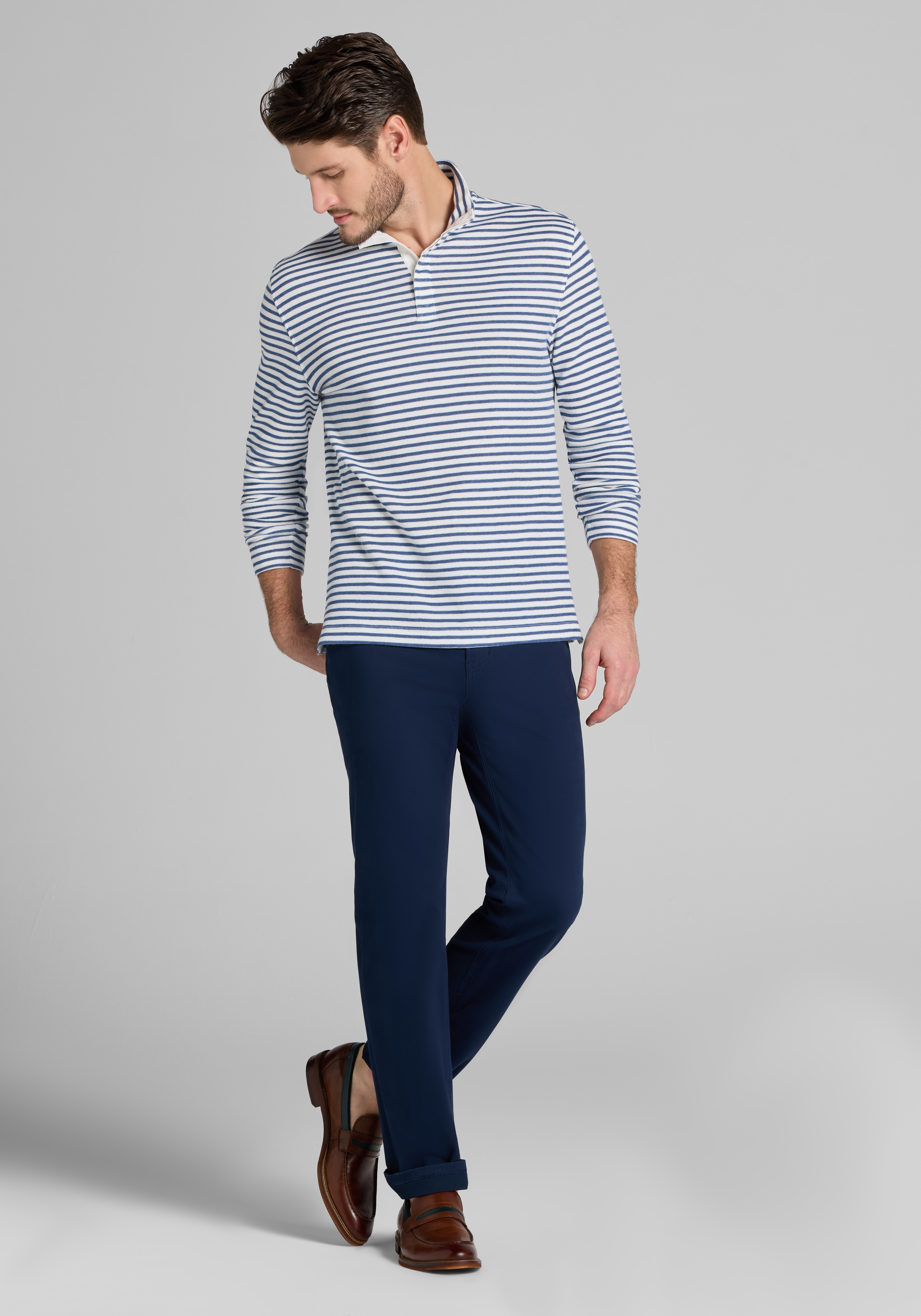 Jos. A. Bank Tailored Fit Stripe Mock Long Sleeve Polo