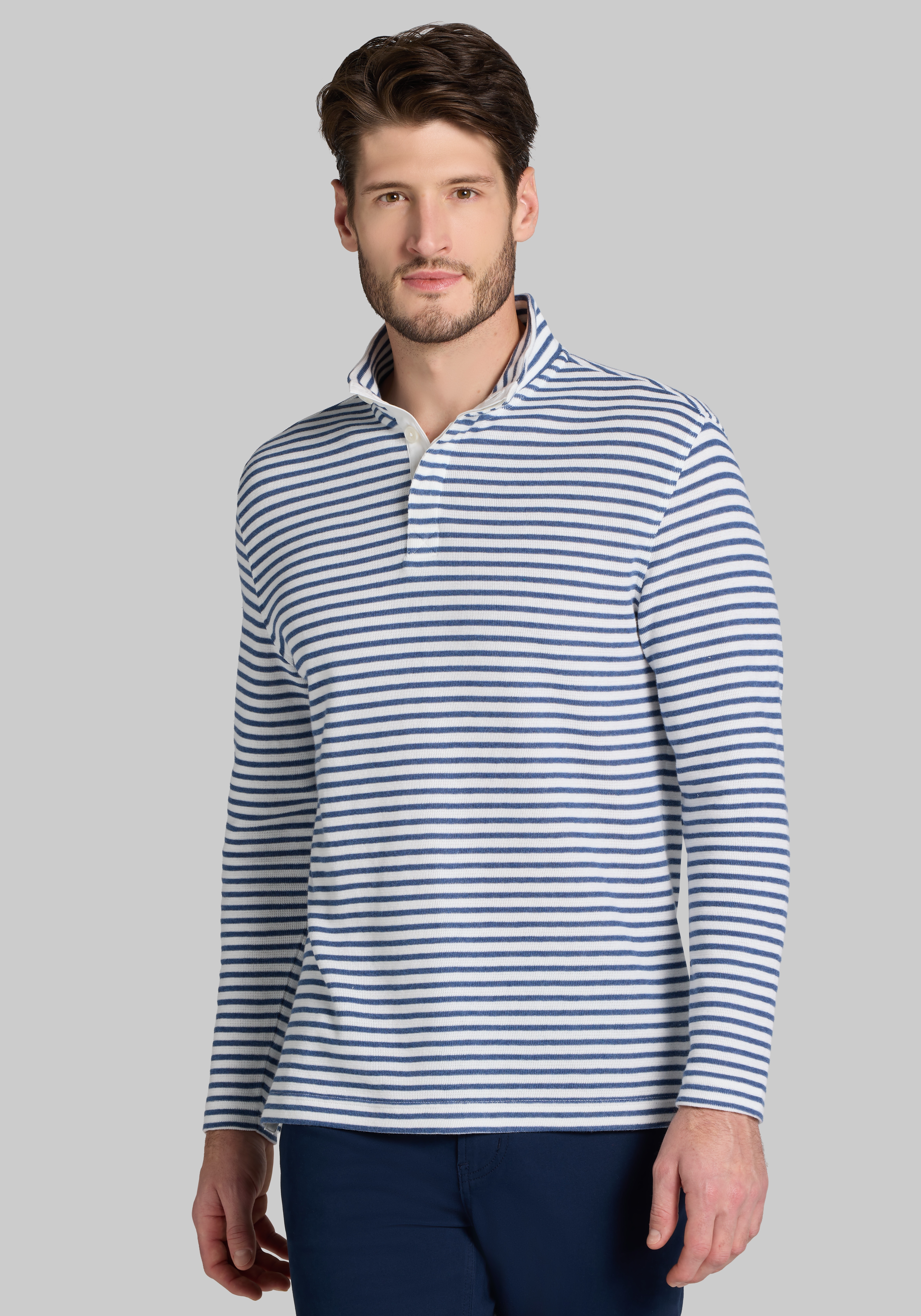 Jos. A. Bank Tailored Fit Stripe Mock Long Sleeve Polo