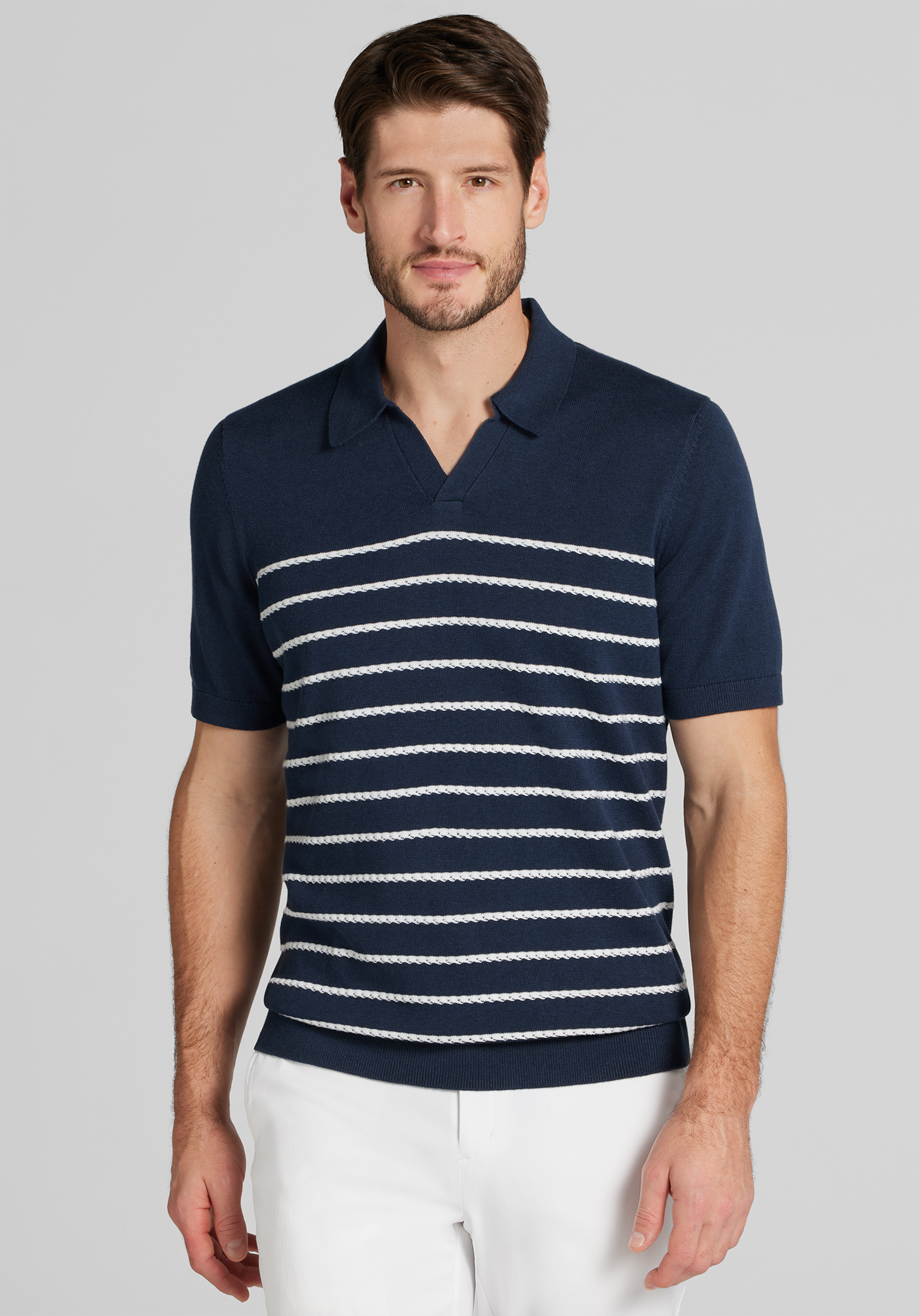 Jos. A. Bank Tailored Fit Engineered Stripe Johnny Polo Sweater