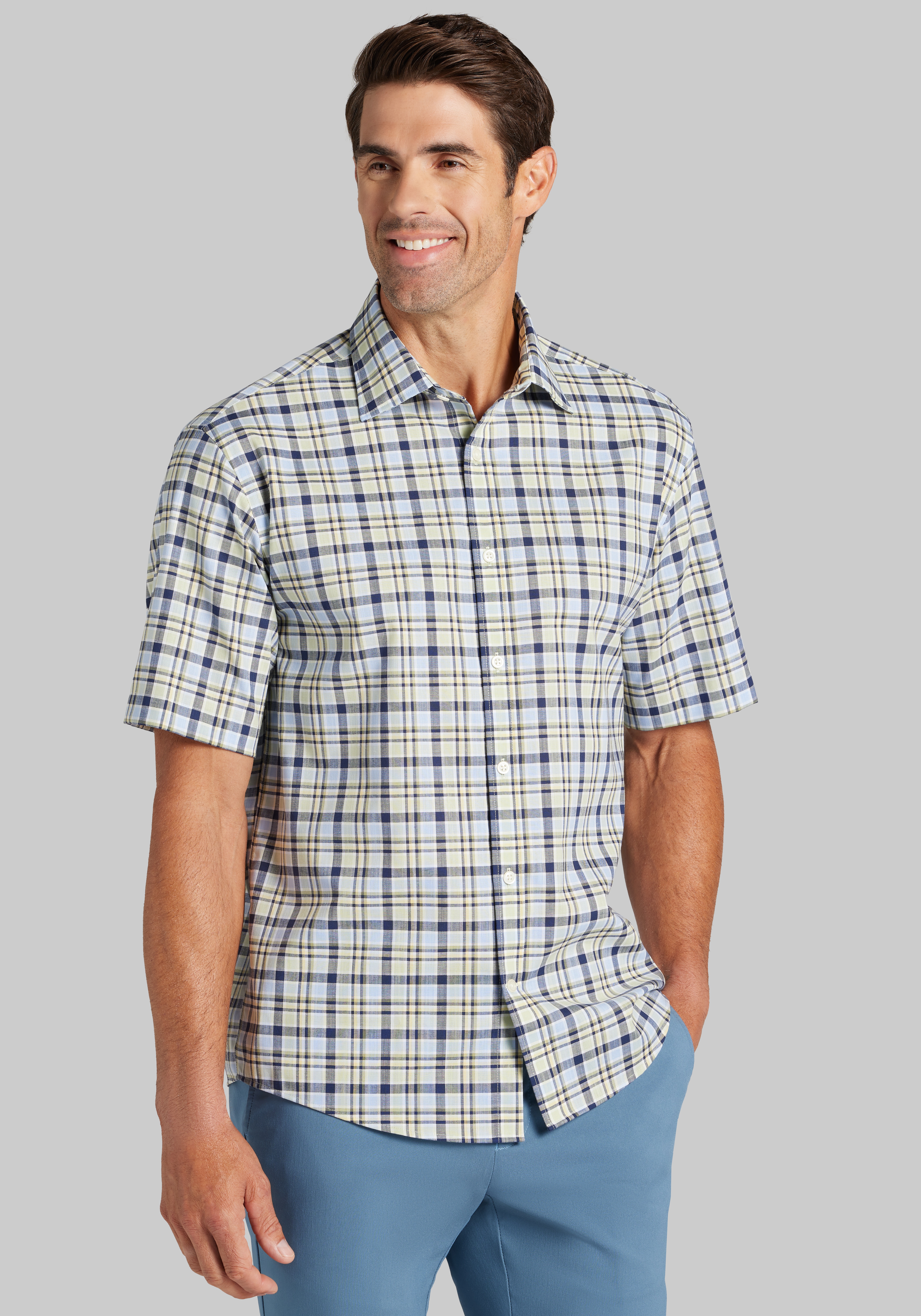 Men's New!, Jos. A. Bank Traditional Fit Plaid Short Sleeve Sportshirt - Jos A Bank